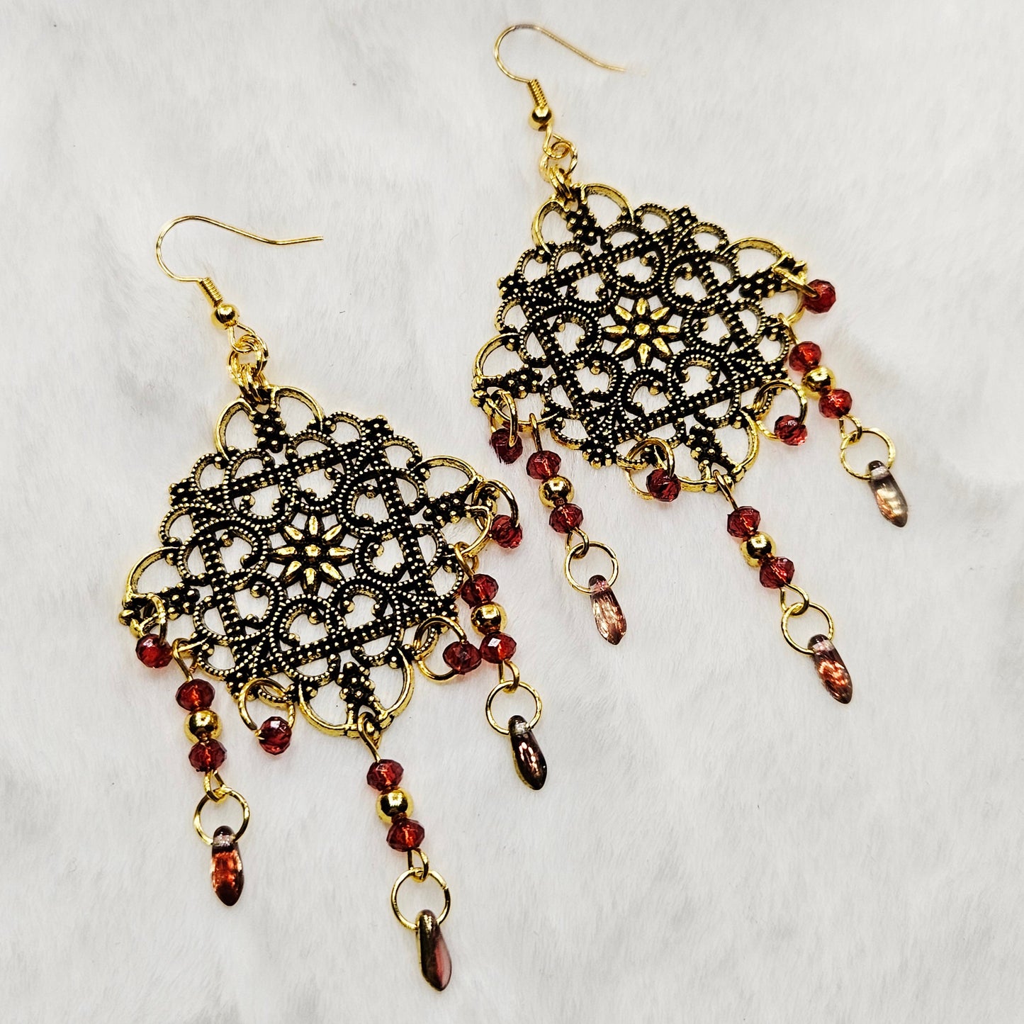 Square Antique Gold Tibetan Filigree Rhombus Chandelier Earrings with Red Dangles