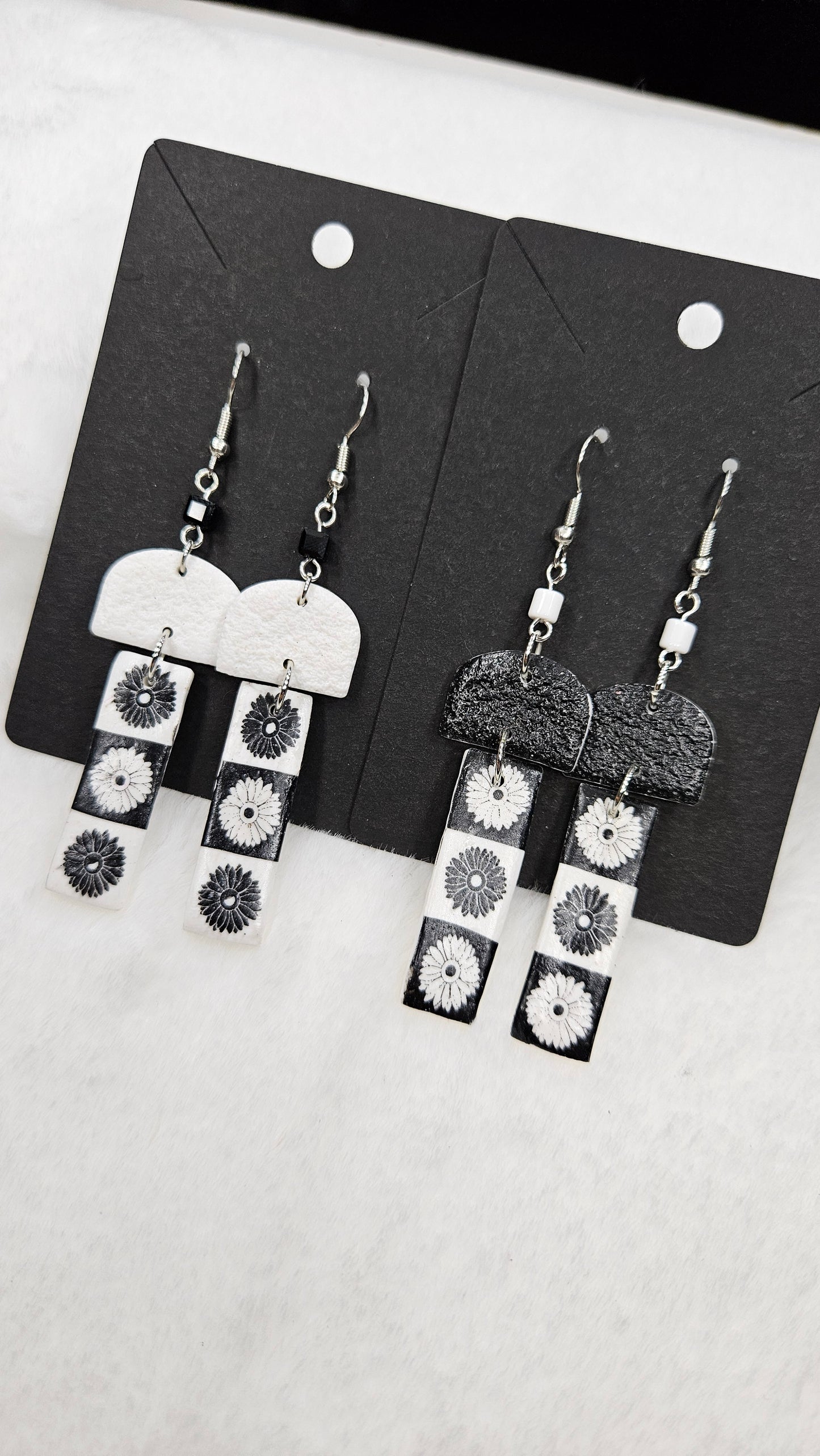 Monochrome Floral Print Clay Earrings with Black or White Arches - 3"