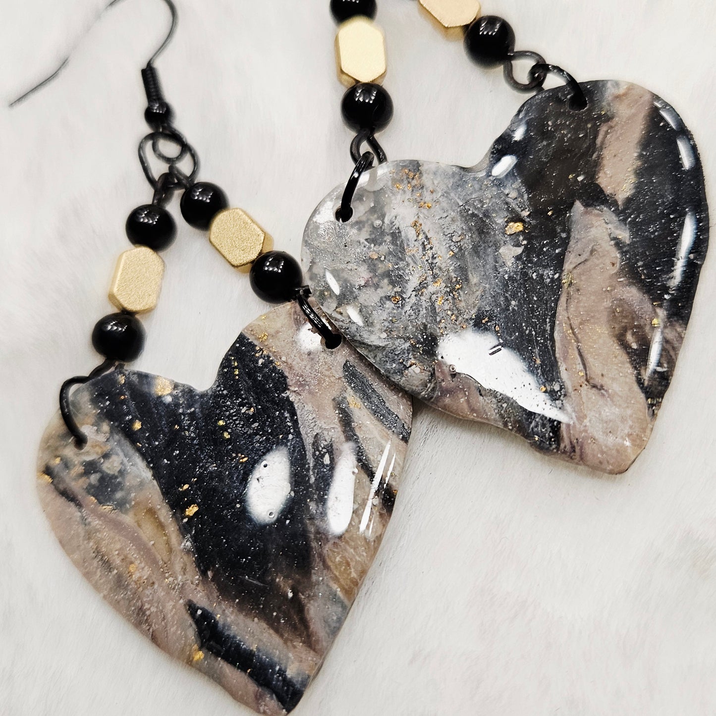 Black and Brown Gold Flake Marble Heart Polymer Clay Earrings with Black and Gold Beads