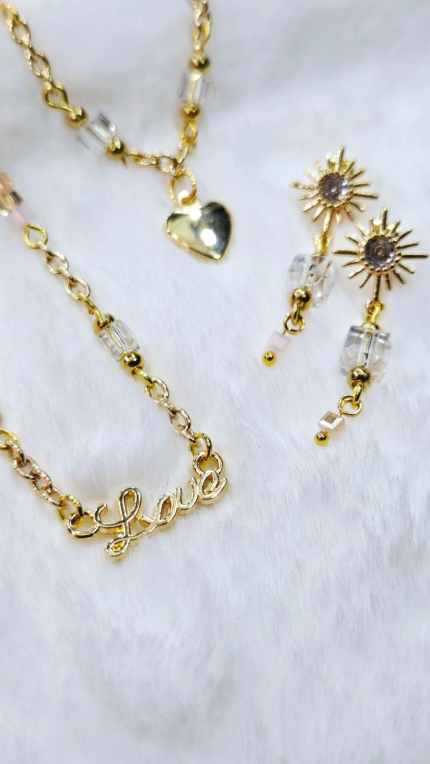 Love in Luxury Set: Gold Love Pendant Necklace, Heart Charm Bracelet, and Square Crystal Stud Dangle Earrings