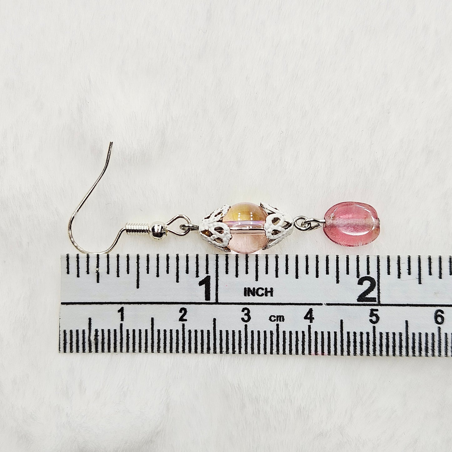 Pretty Pink Iridescent Glass Dangle Earrings with White Filigree Bell Caps - 2"