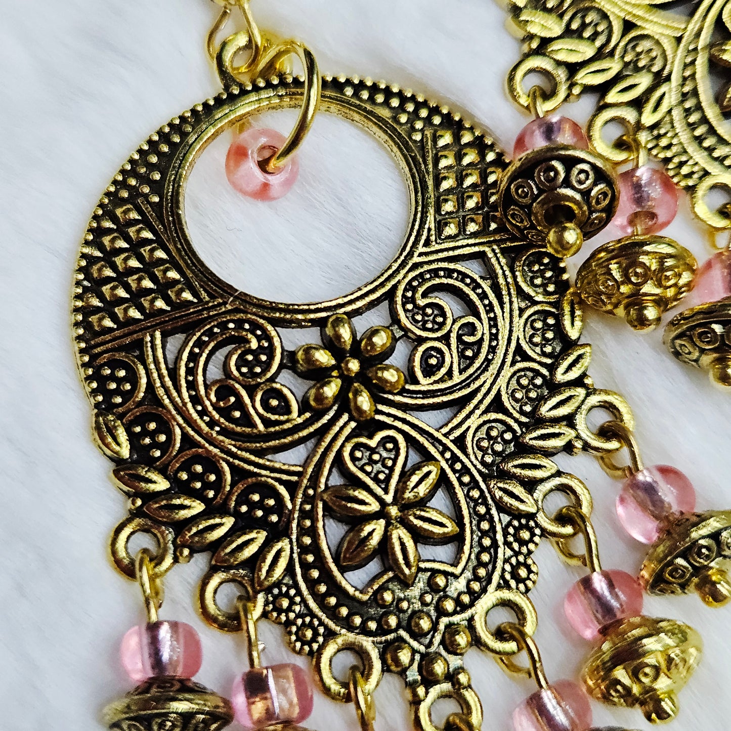 Bali Style Brassy-Gold Chandelier Earrings in Pink glass
