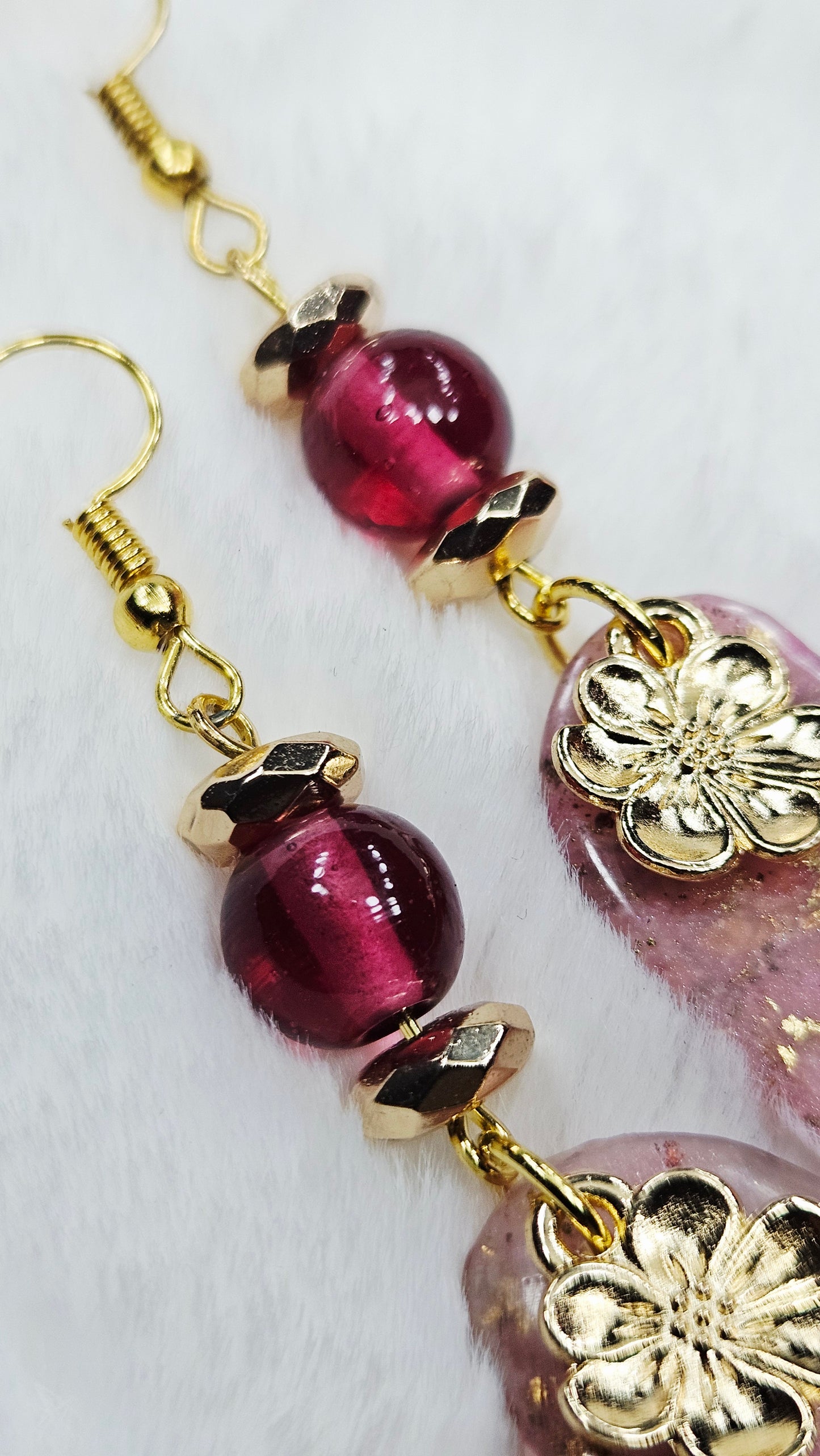 Pink Passion Marbled Clay Hearts with Gold Fleck, Golden Flower Charm and Dark Pink Glass Dangle Earrings - 2½"