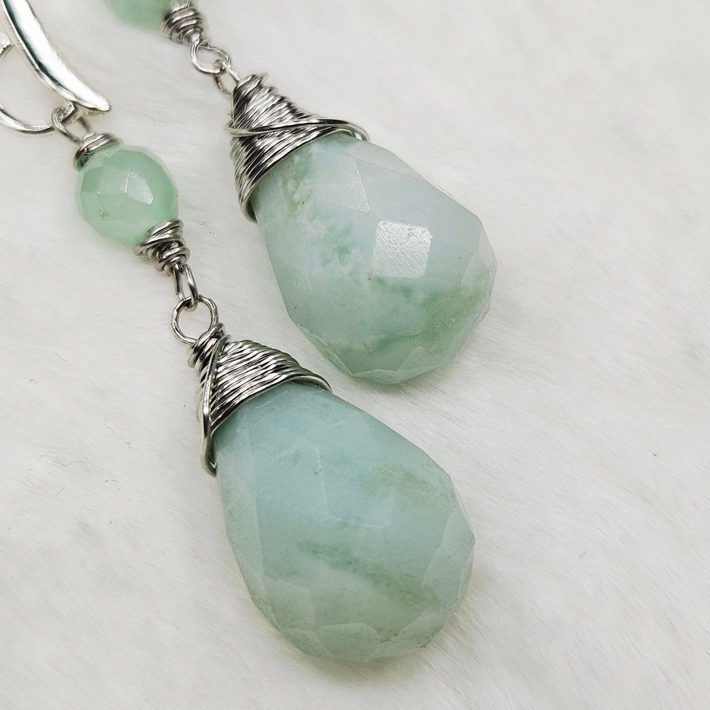 Green Aquamarine Wire Wrapped Teardrop Dangles