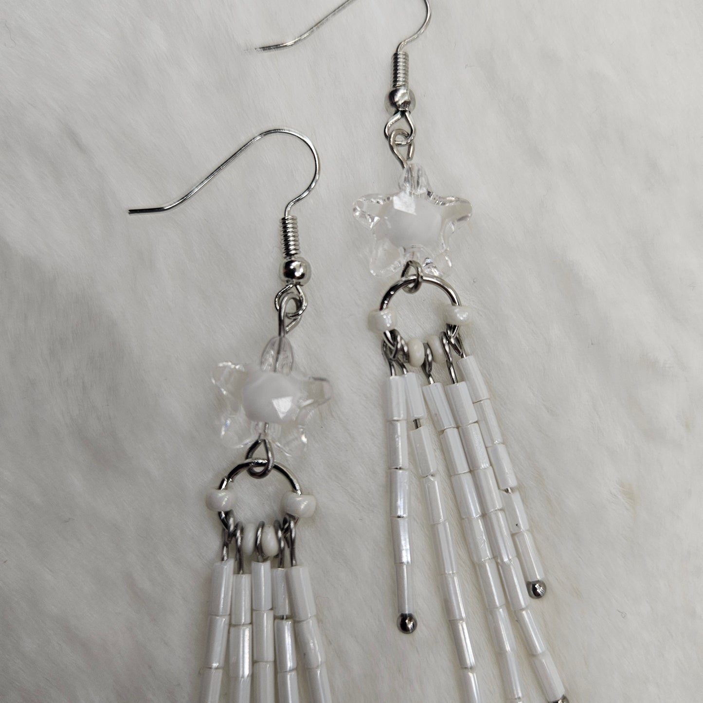White Crystal Star Burst Earrings with Long Bugle Beaded Tassels