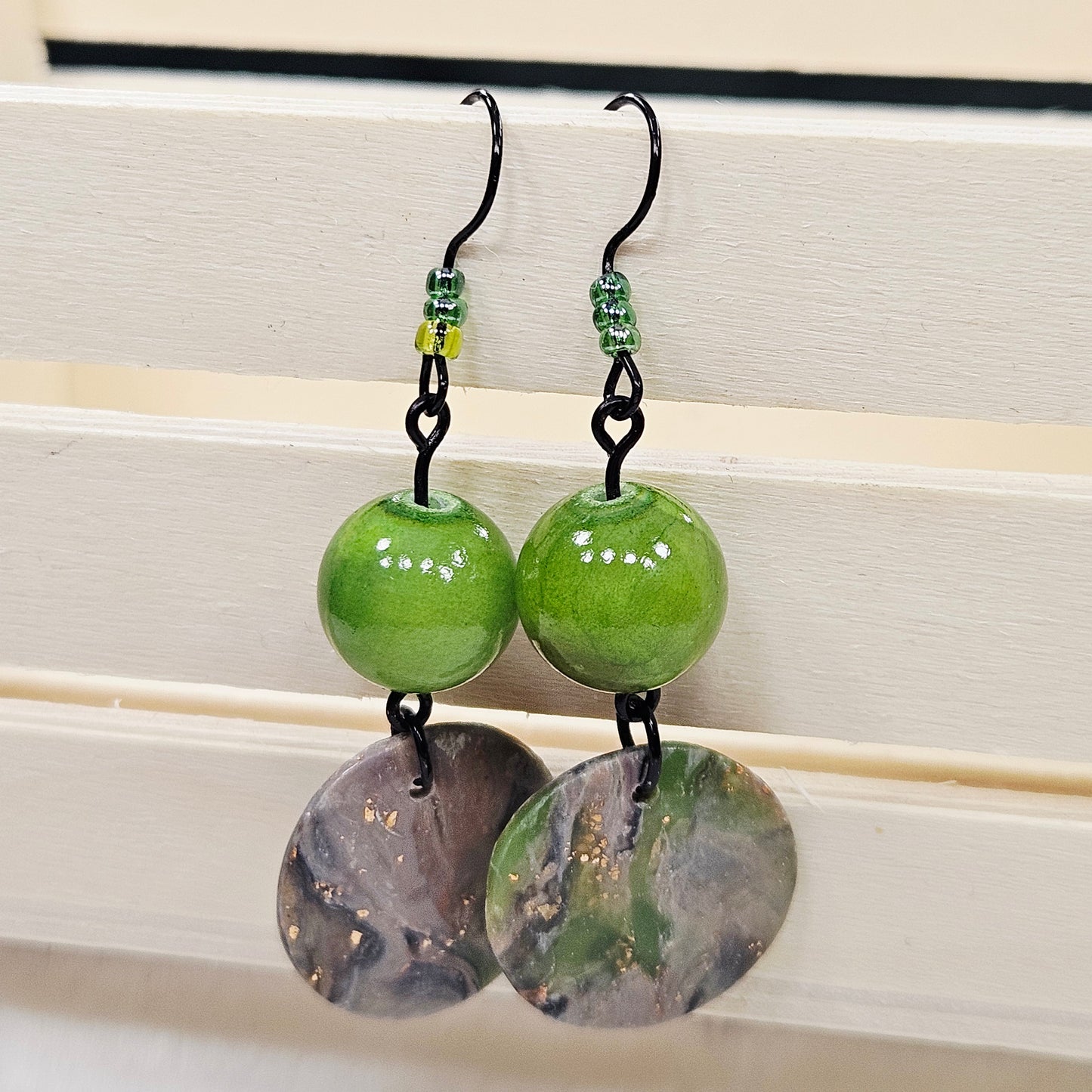 Lime Green Camouflage Round Polymer Clay Earrings