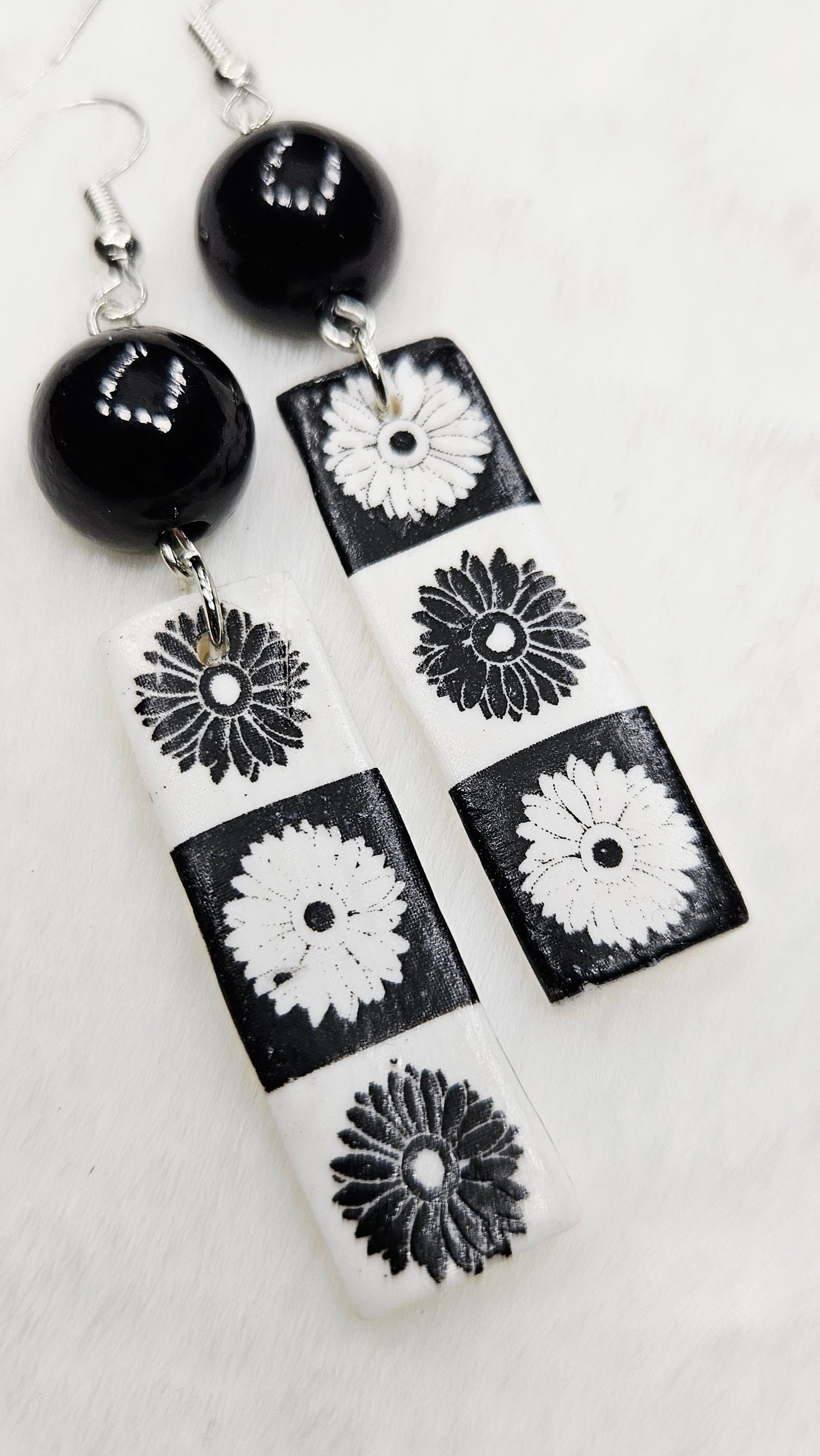 Monochrome Floral Clay Bar Dangle Earrings