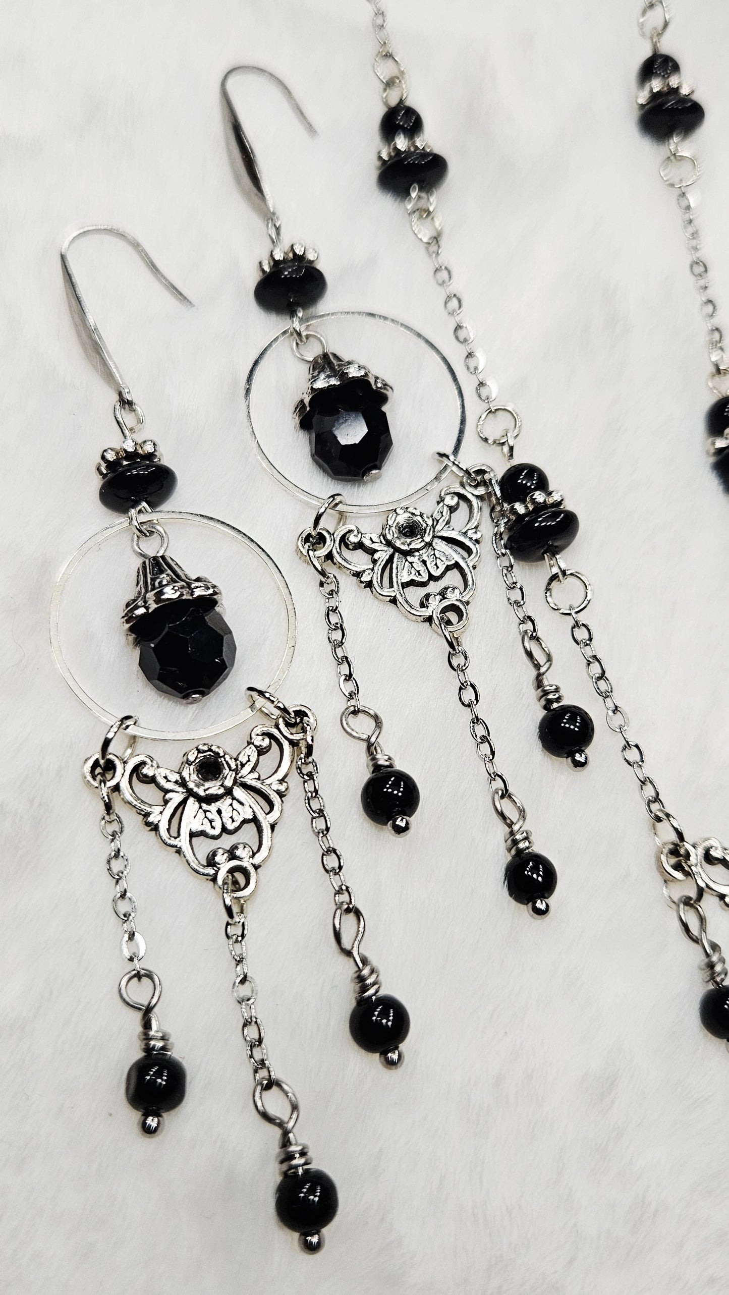 Vintage Filigree Set - Black Crystal Dragonfly and Silver Filigree Pendant Necklace with Earrings