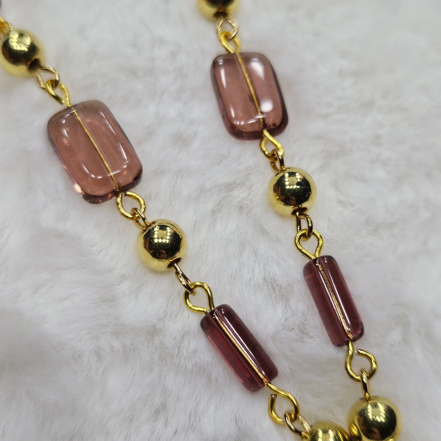 Gold Heart Pendant Necklace with Dark Mauve Glass Beaded Chain
