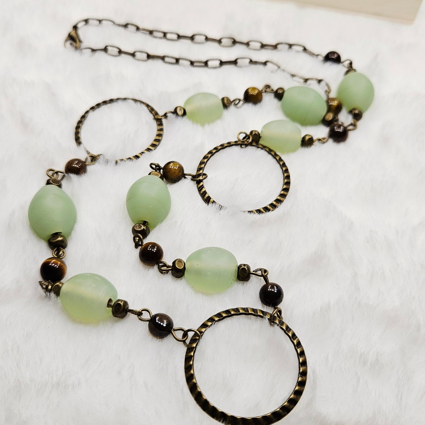 Tigers Eye and Green Frosted Glass Necklace in Antiqued Brass