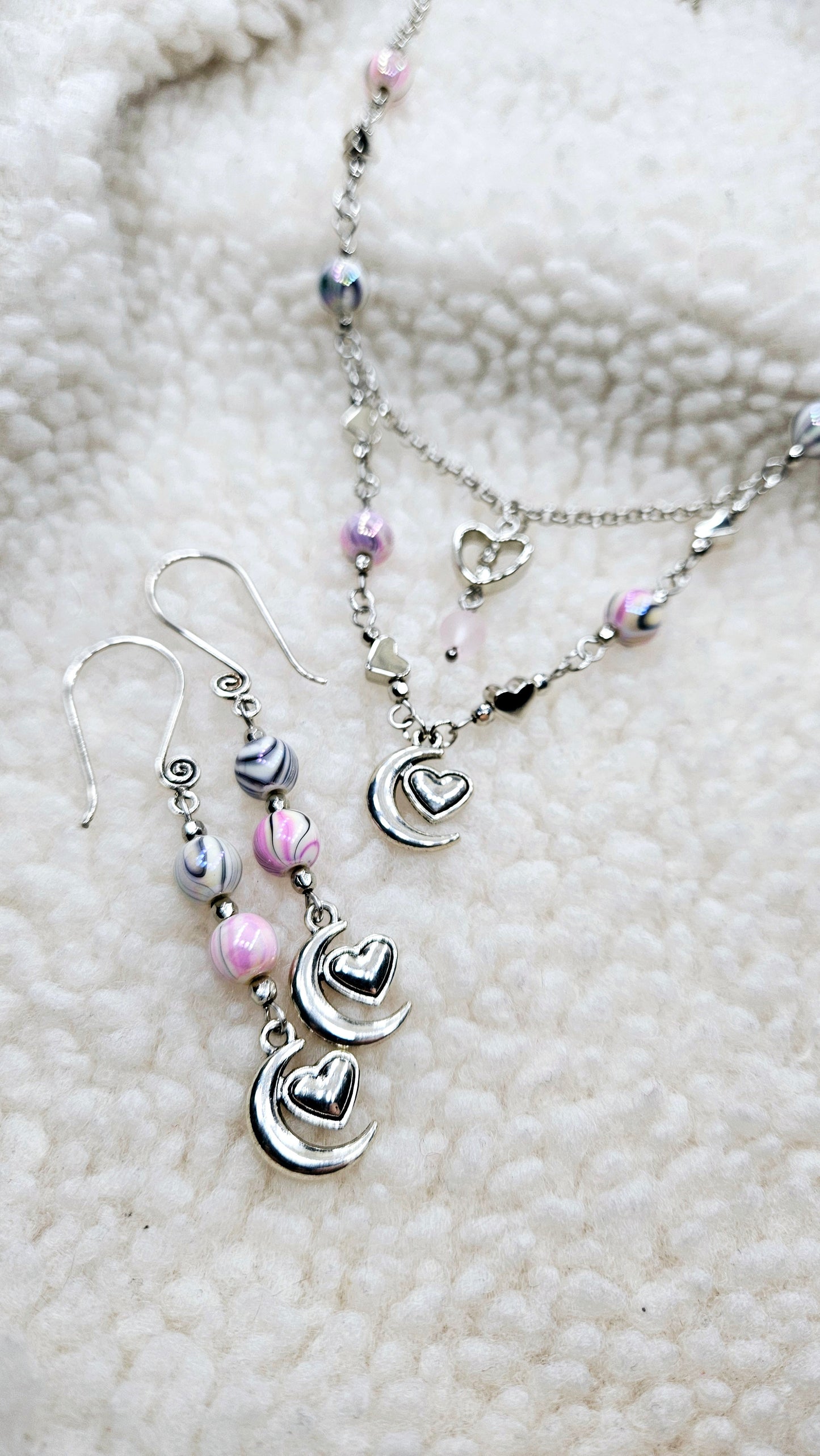 Pink Luna Love Set - Silver Moon-heart Pendant Necklace & Matching Moon-heart Charm Earrings