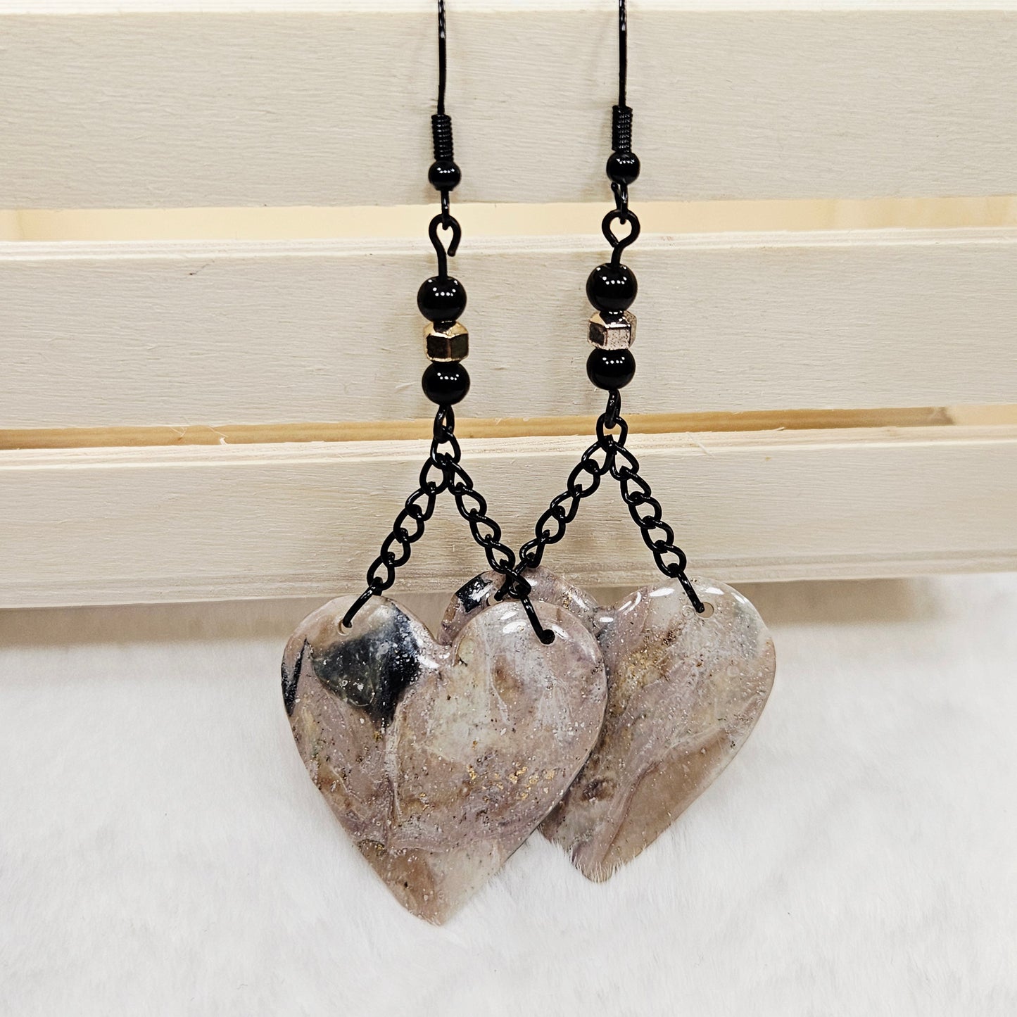 Black and Brown Gold Flake Marble Heart Polymer Clay Earrings with Black Chain