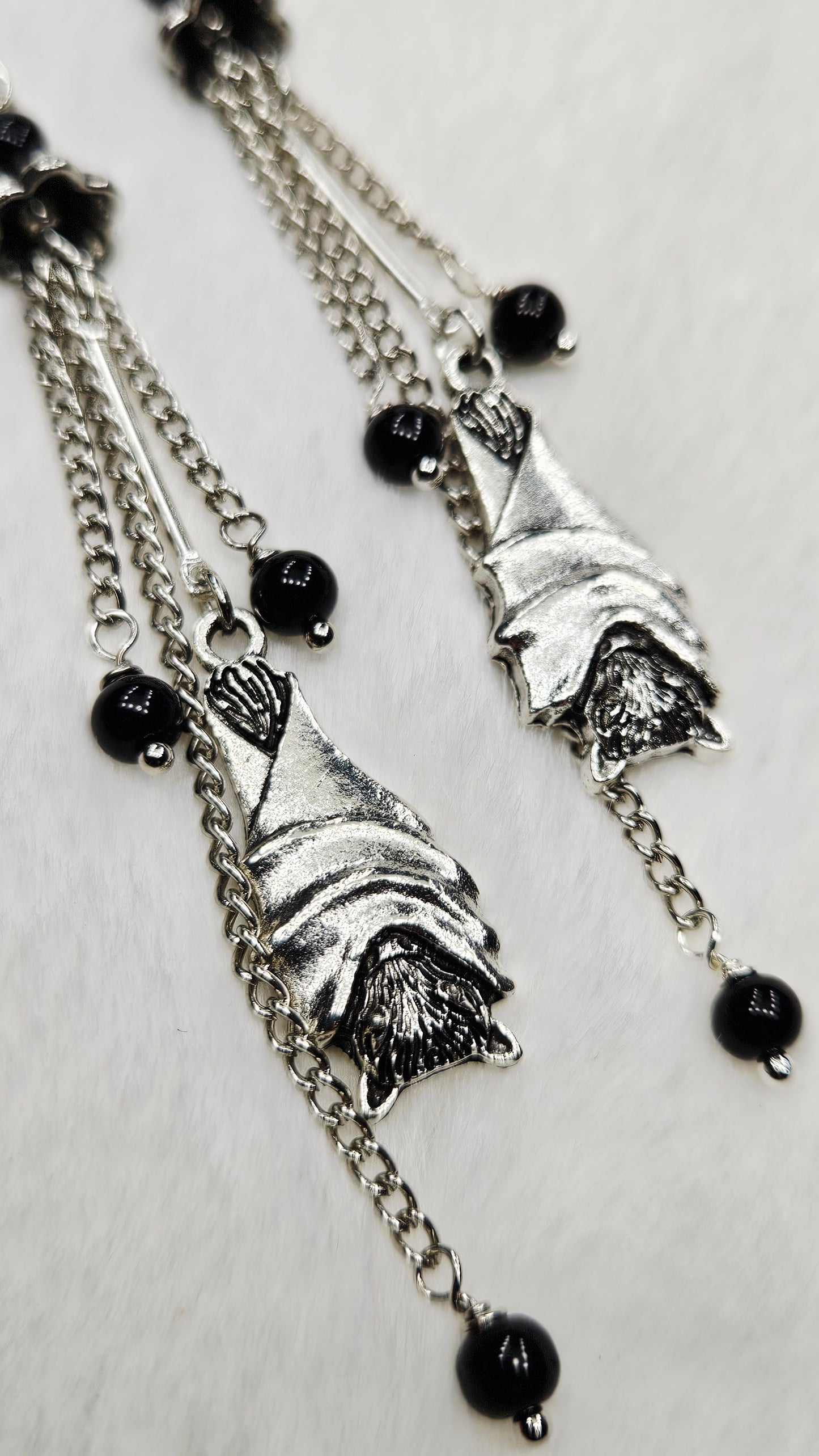 Roosting Bats Drop Dangles with Silver Chain and Black Glass Earrings