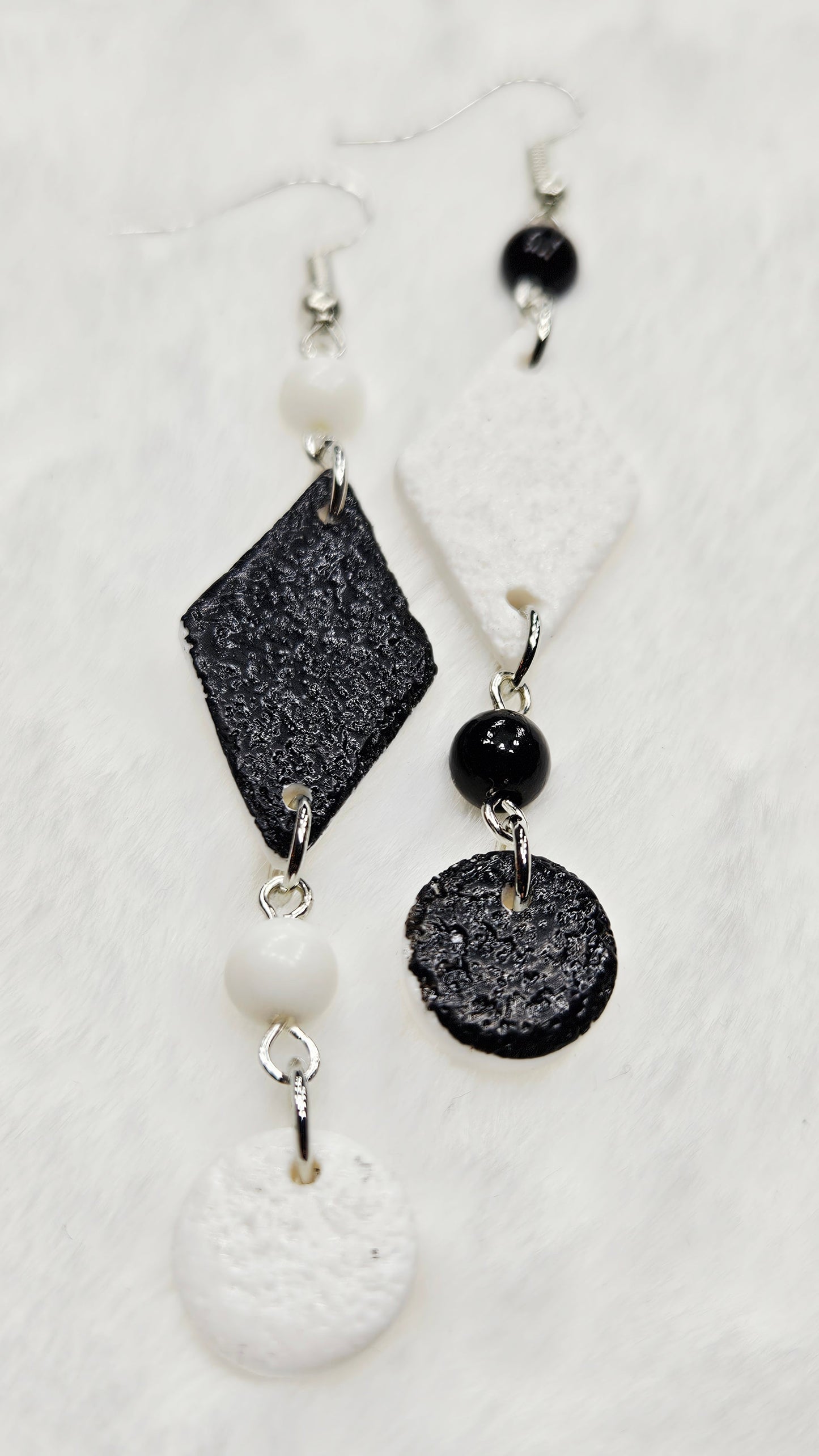 Monochrome Clay Kites Asymmetrical Dangle Earrings with Beads & Buttons