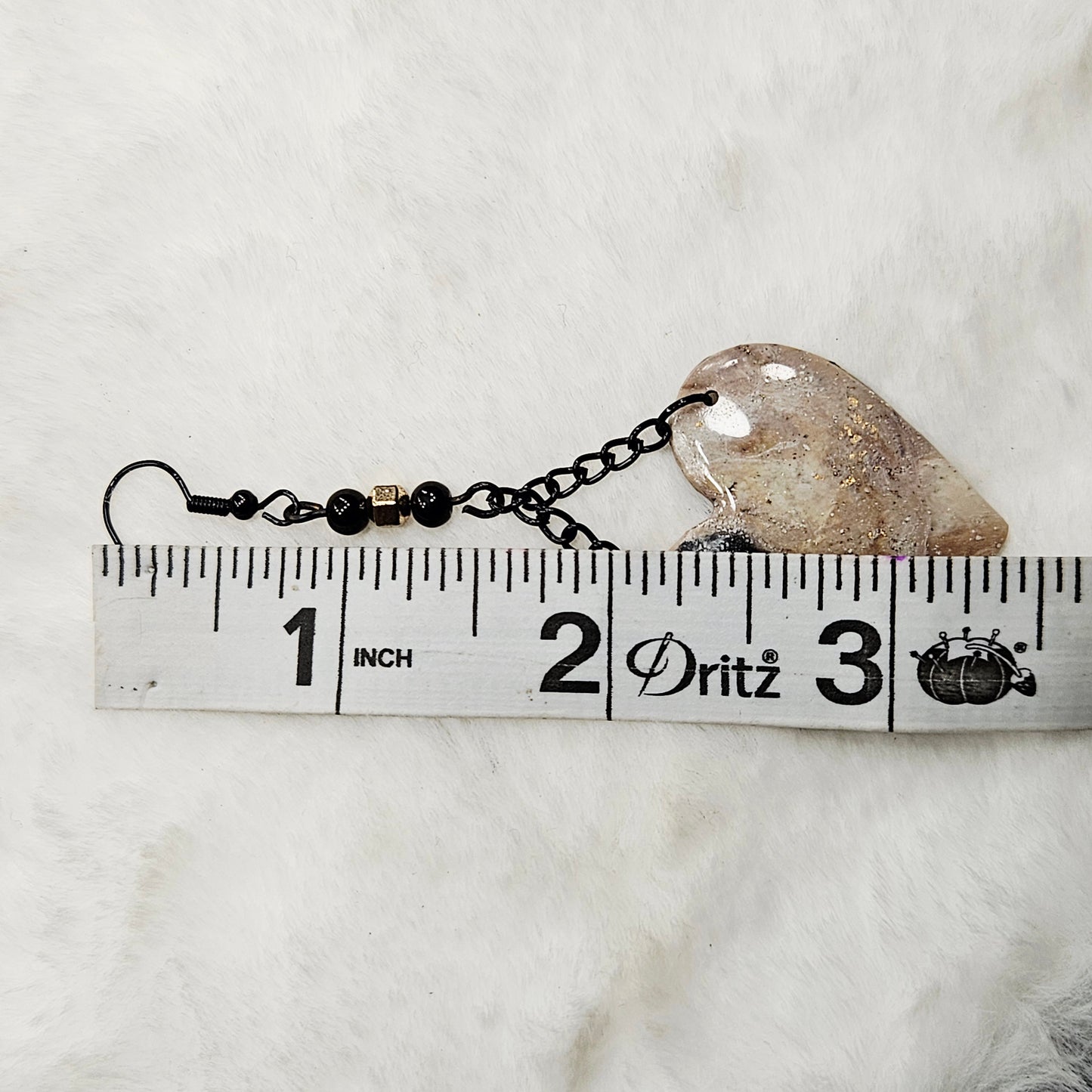 Black and Brown Gold Flake Marble Heart Polymer Clay Earrings with Black Chain