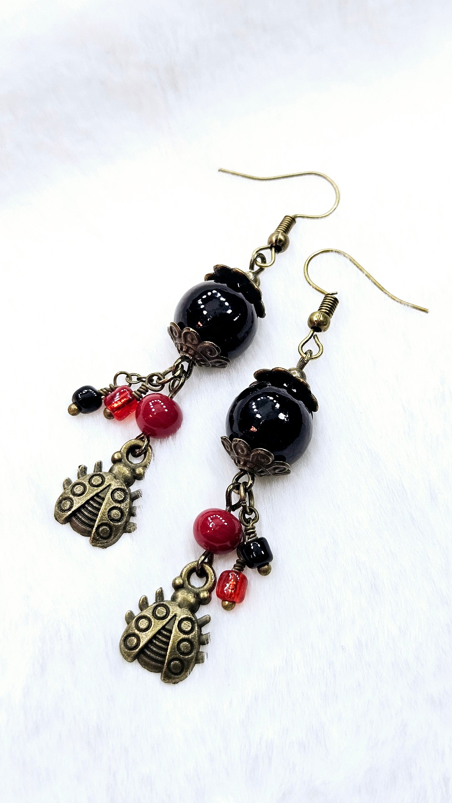 Loveable Little Ladybug Set: Brass Ladybug Pendant Necklace & Earrings with Red & Black Beads
