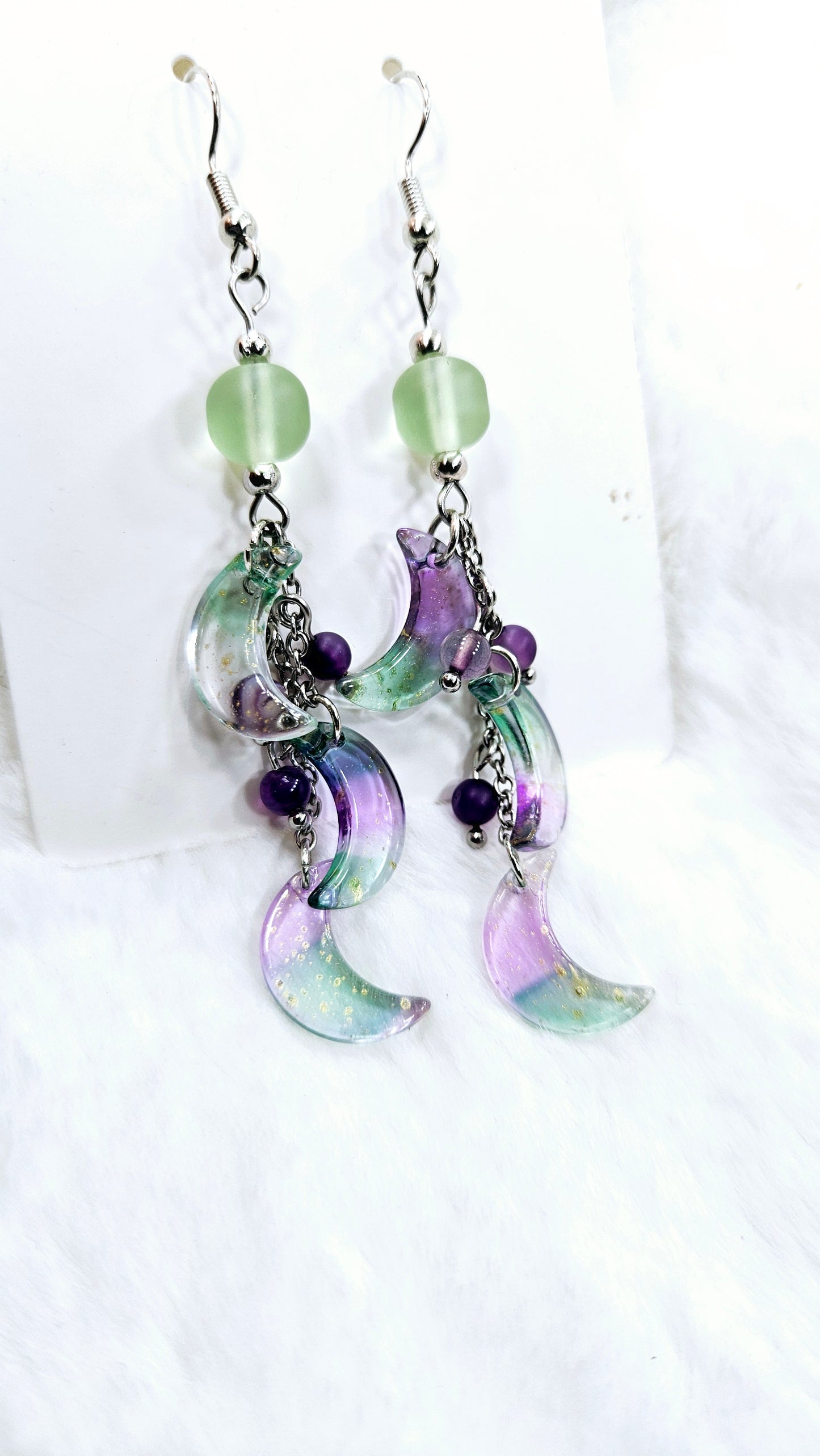 Mystical Moons Jade Green & Purple with Gold Fleck on Silver Chain Cluster Dangle Earrings