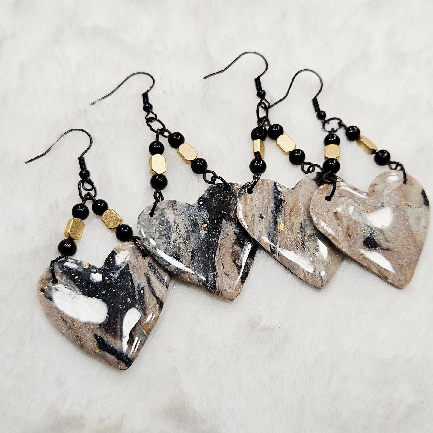 Black and Brown Gold Flake Marble Heart Polymer Clay Earrings with Black and Gold Beads