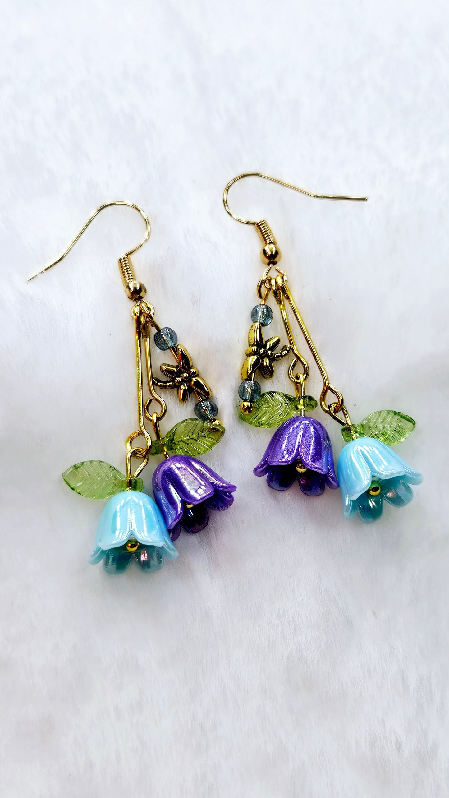 Beloved Blue & Purple Bellflowers & Tiny Dragonflies Drop Dangle Earrings