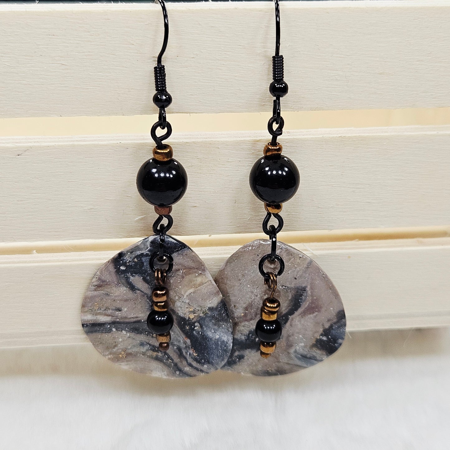 Black and Brown Gold Flake Marble Polymer Clay Earrings with Black Bead Dangles