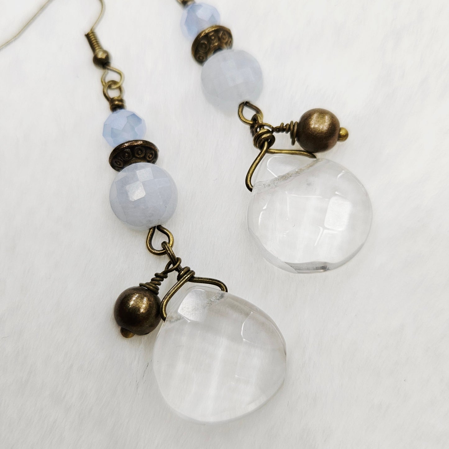 Antiqued Brass Baby Blue Natural Stone and Crystal Earrings with Gem Cut Glass and Brass Dangles