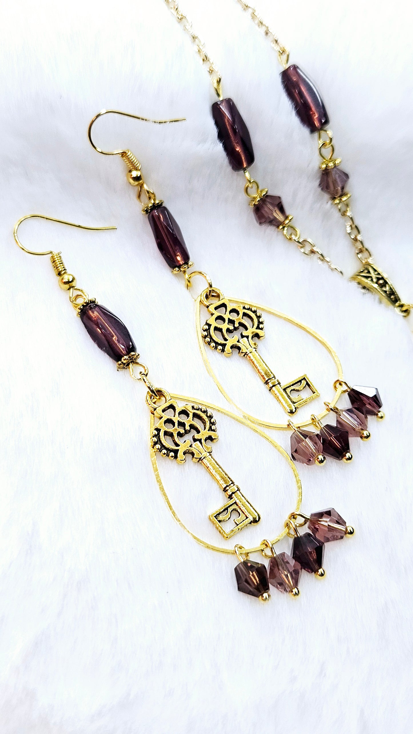 Stoic Skeleton Key Set: Golden Skeleton Keys Framed with a Beaded Teardrop & Deep Purple Glass Beads Matching Necklace & Earrings