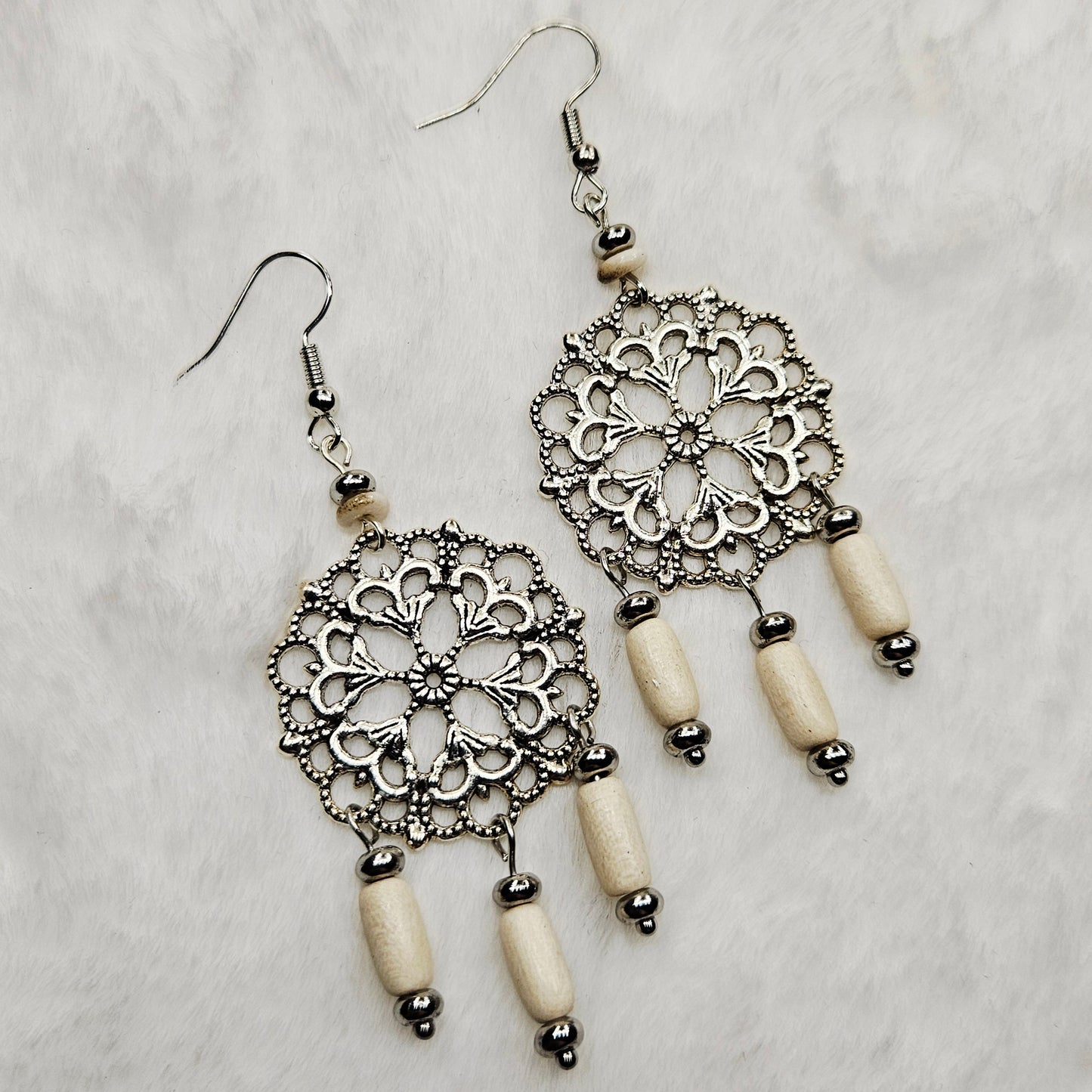 Round Antique Silver Tibetan Filigree Rhombus Chandelier Earrings with White Dangles
