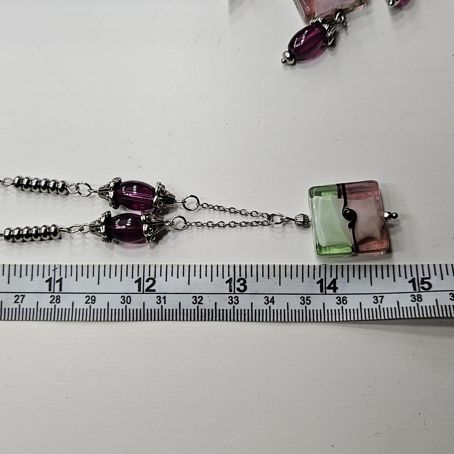 Fun and Funky Green and Purple Square Glass Pendant Necklace and Earrings Set on Silver - 28"/2¾"