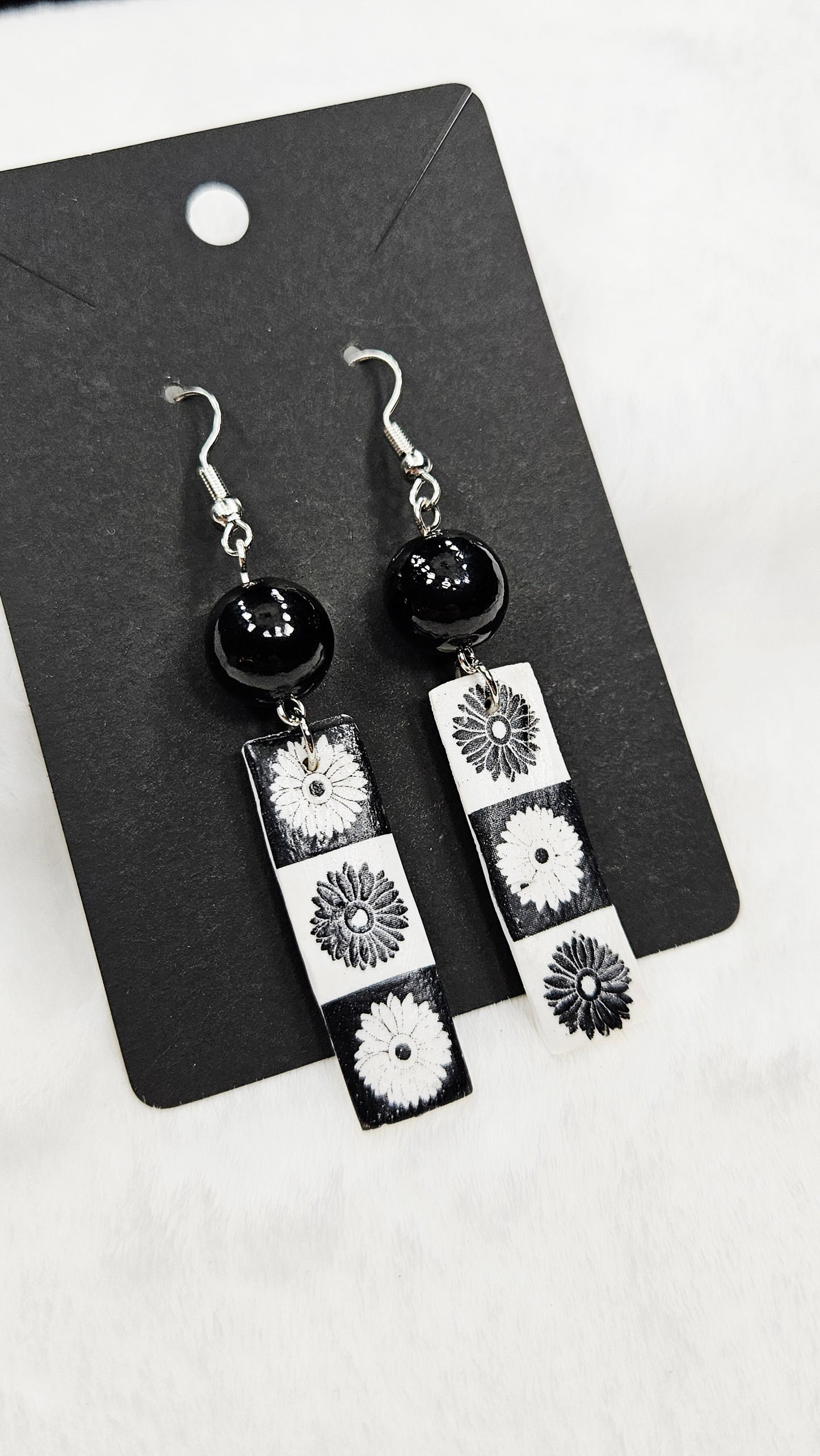 Monochrome Floral Clay Bar Dangle Earrings