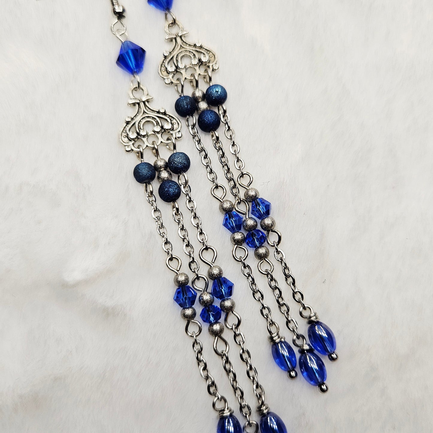 Long Blue Crystal Micro Chandelier Earrings in Silver or Gold