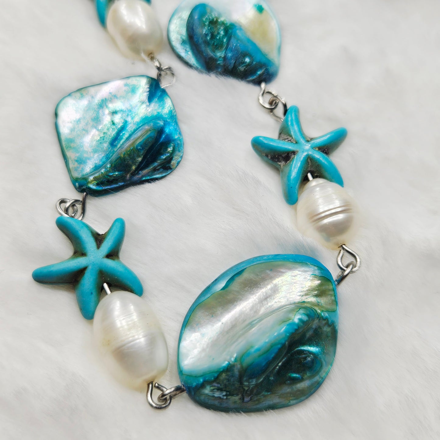 Turquoise Starfish Mother of Pearl Shells and Freshwater Pearl Necklace