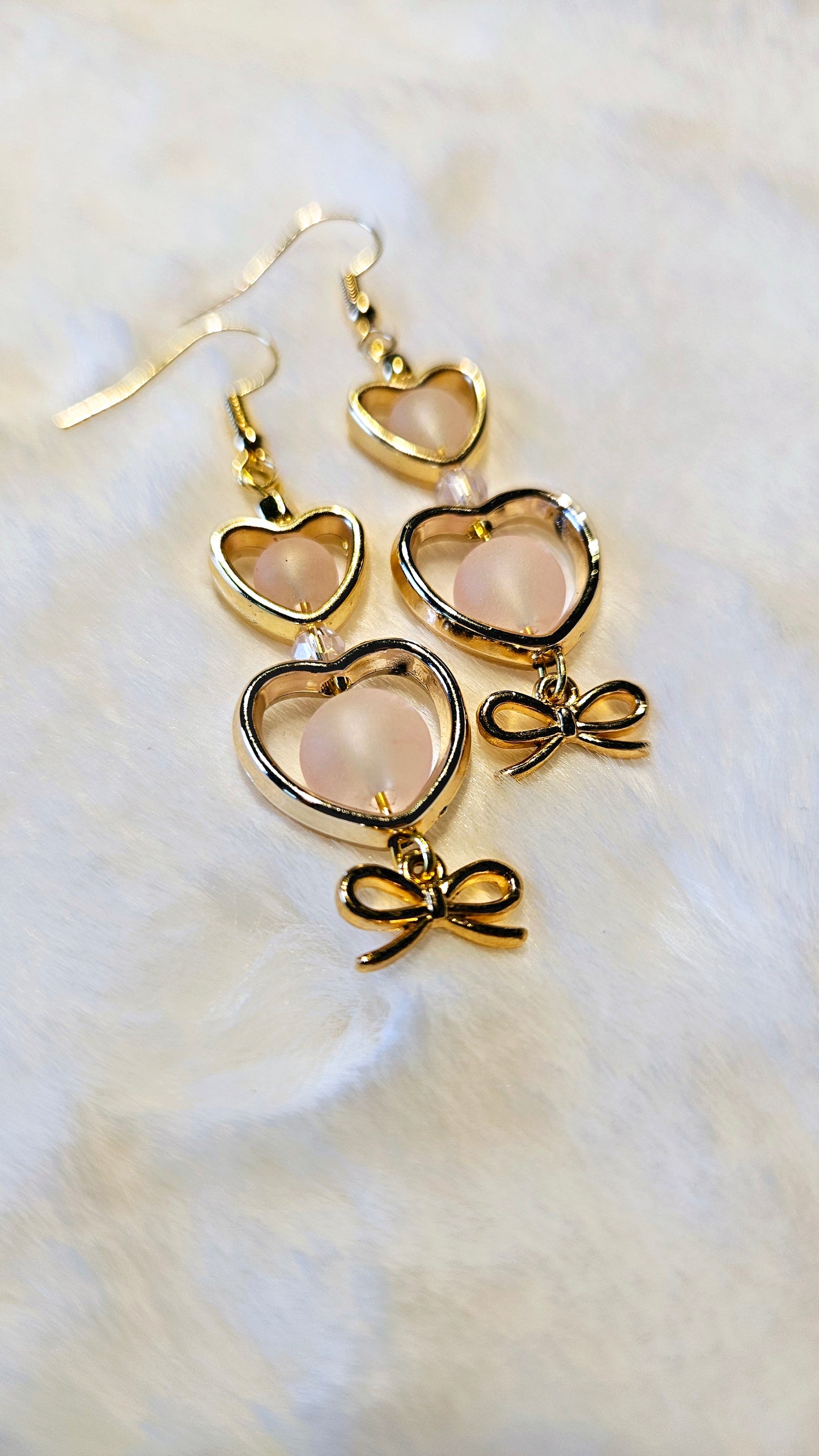 Hollow Gold Heart Earrings with Pale Pink Frosted Glass and Bow Charms Dangles - 2¼"