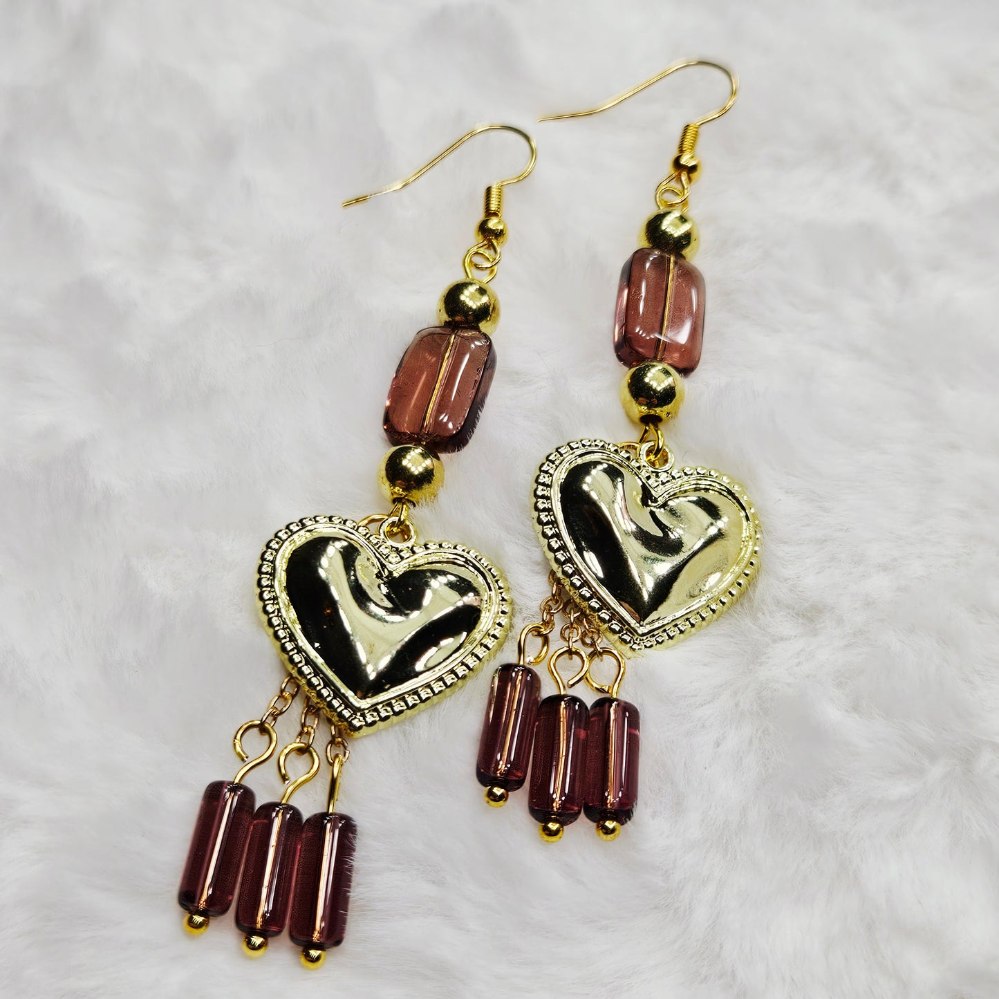 Golden Heart Charm Earrings with Dark Mauve Glass Dangles on Gold Chain - 3¼"