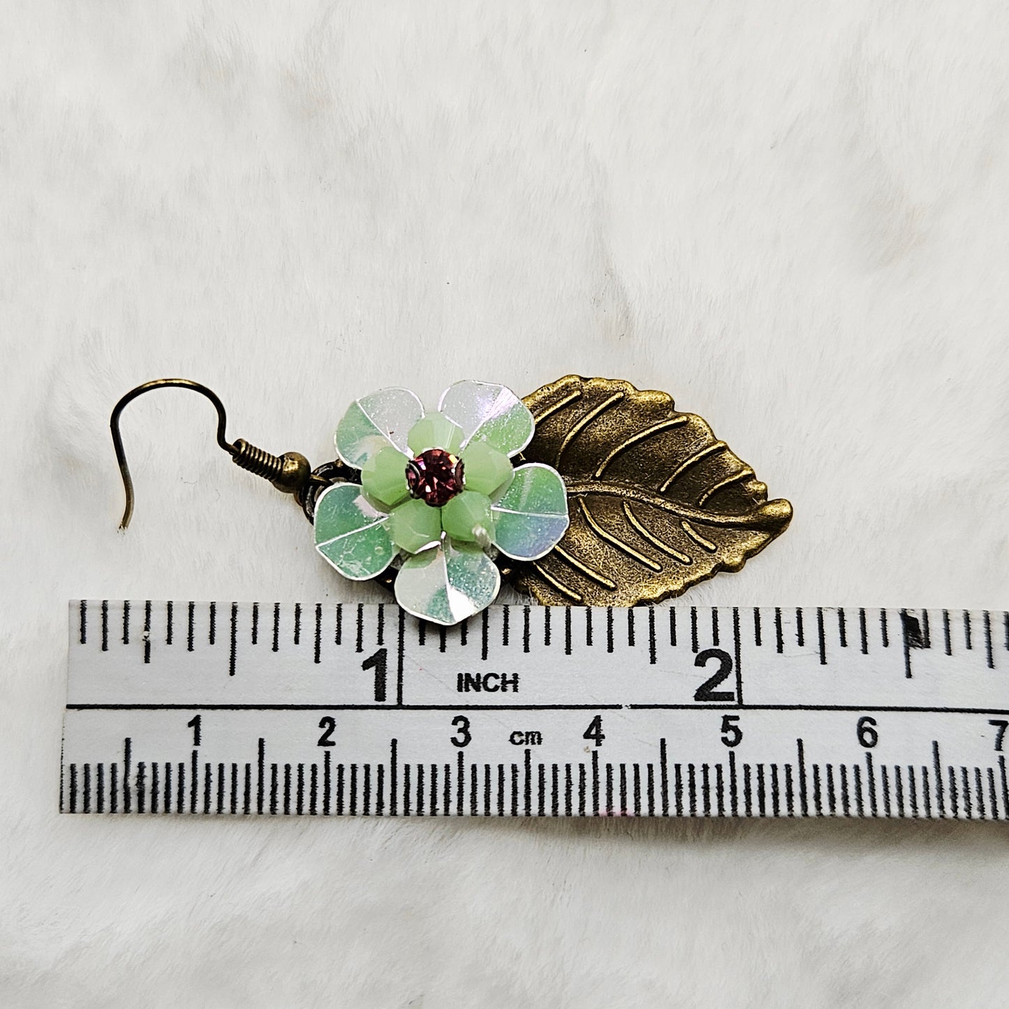 Brass Leaf Earrings with Light Green Iridescent Flowers