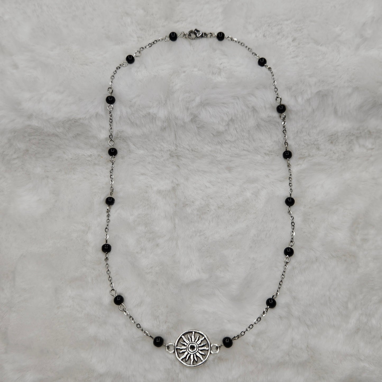 Black Hole Sun Beaded Silver Chain Necklace with Polished Black Glass - 16"