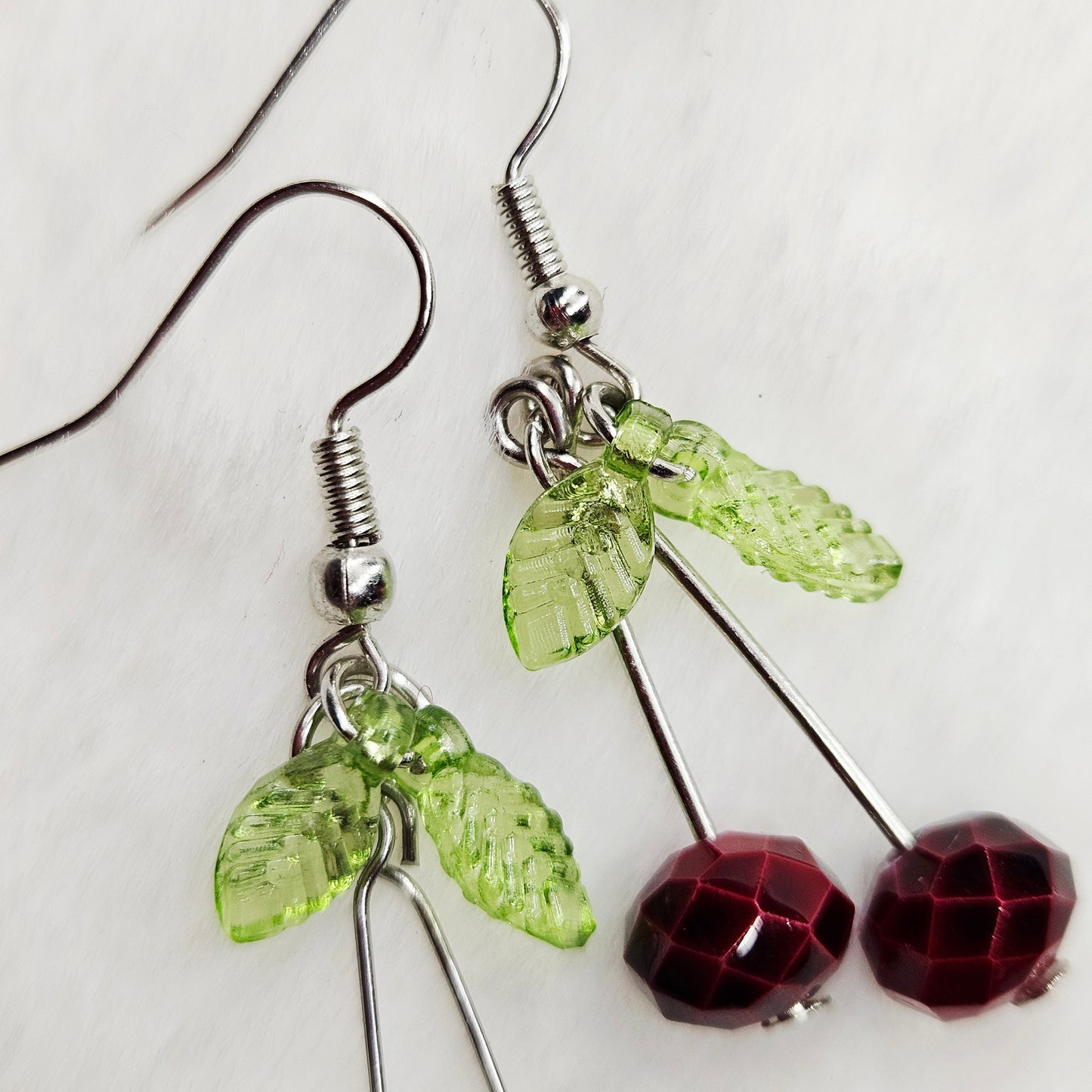 Razzle-Dazzle Red Cherry Drop Dangle Earrings with Green Leaves - 2"
