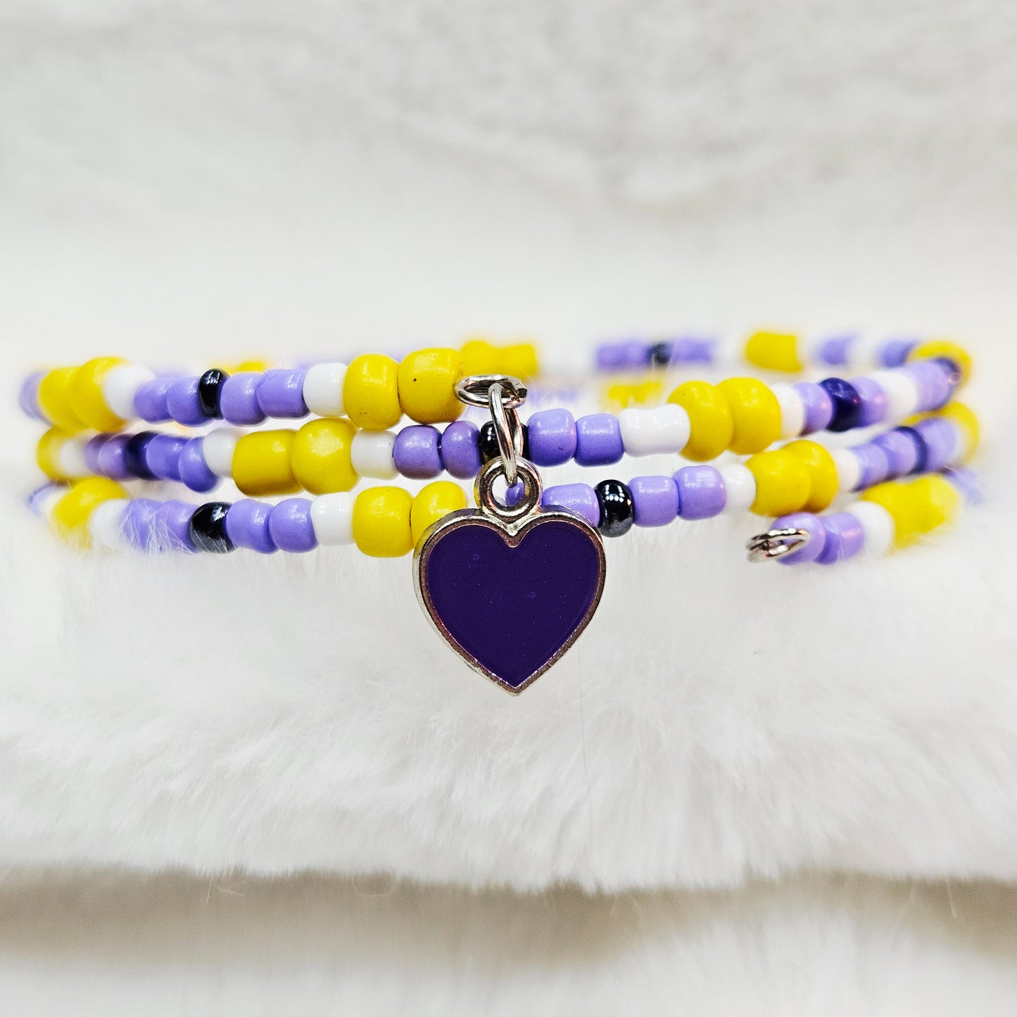 Playful Purple and Yellow Seed Bead Wrap Bracelet with Purple Heart Charm