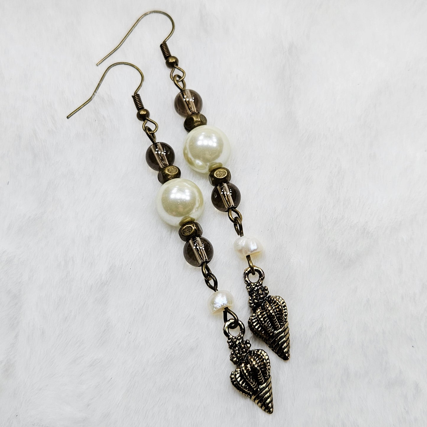 Long Bronze Conch Shell Earrings with Smokey Brown Glass and Pearl