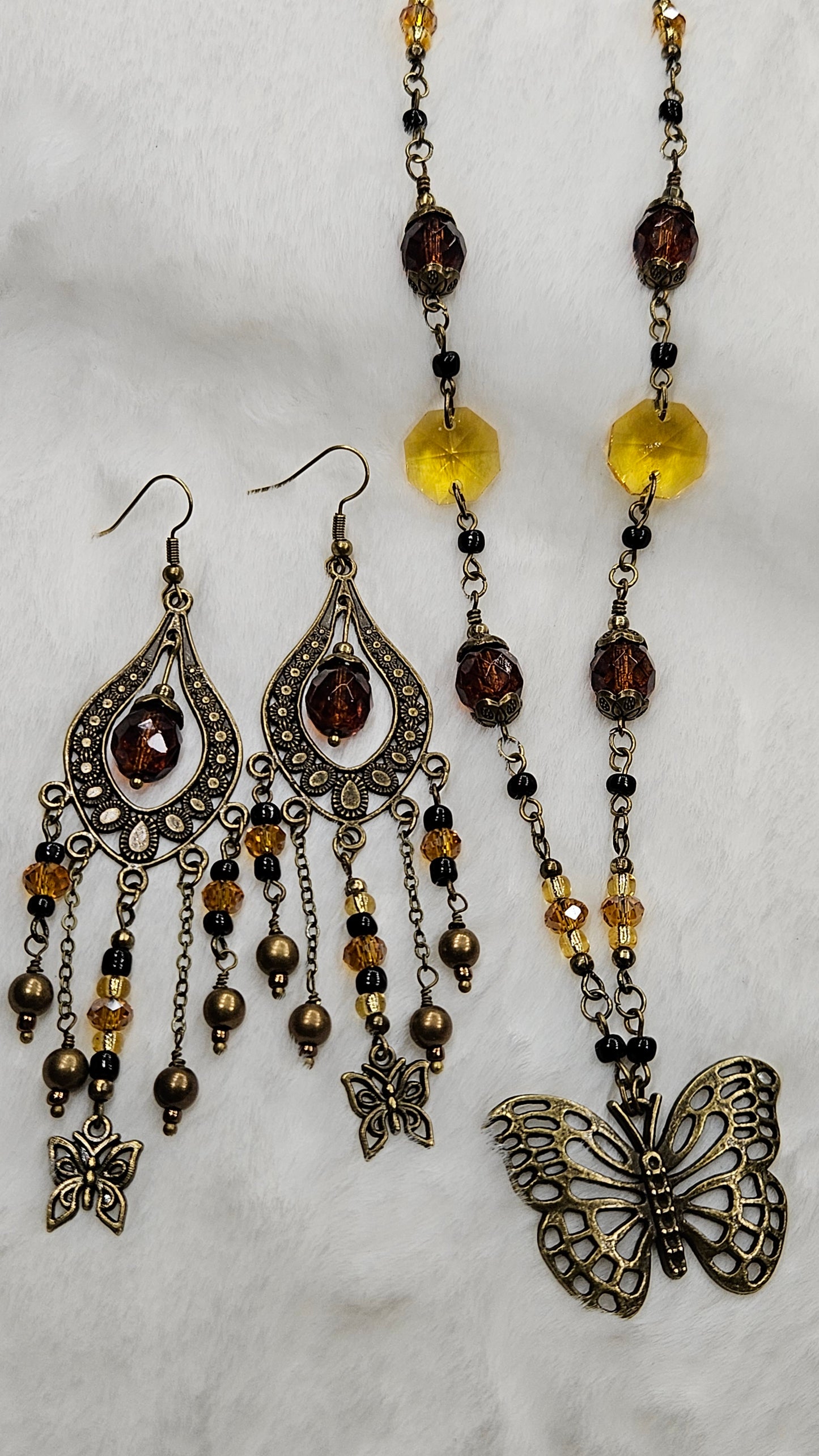 Large Brass Butterfly Pendant Necklace & Chandelier Earrings with Dark Amber and Golden Crystals