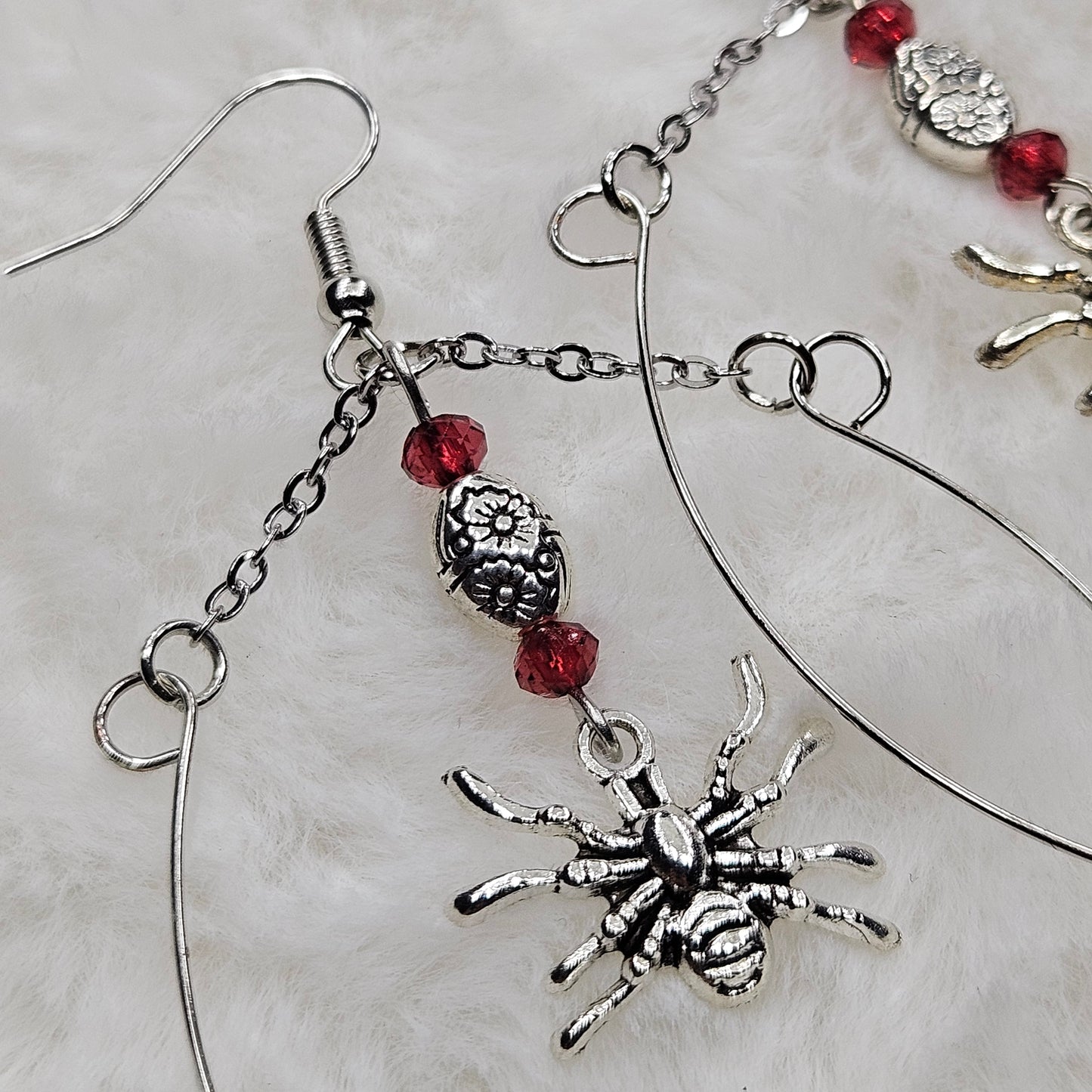 Silver Stainless Steel Hoops with Spider Dangles and Tiny Red Accents - 3½"
