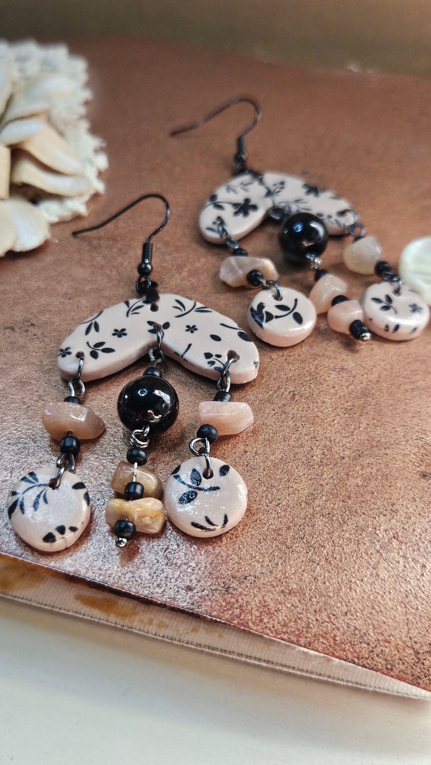 Funky Black & Tan Clay Earrings with Brown Natural Stone Dangles - 2½"