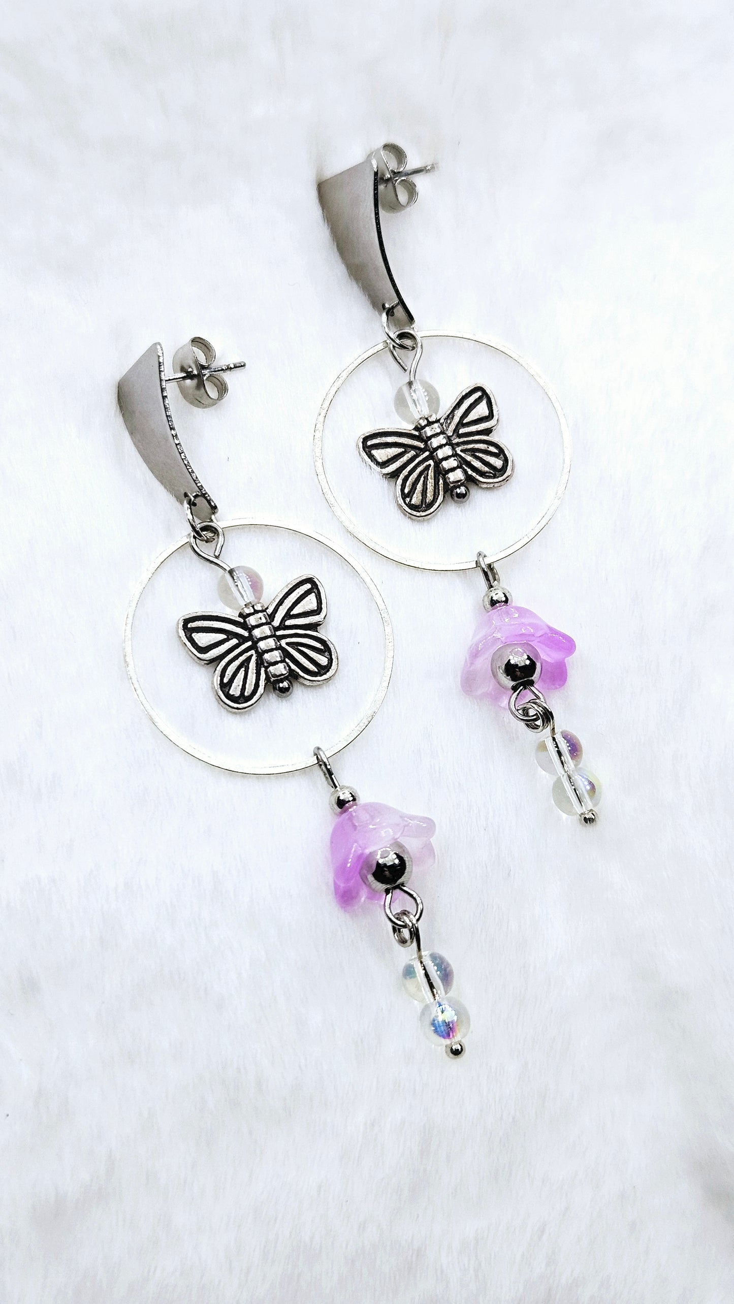 Butterflies n' Bellflowers: Silver Dangling Hoop Earrings with Purple Flowers