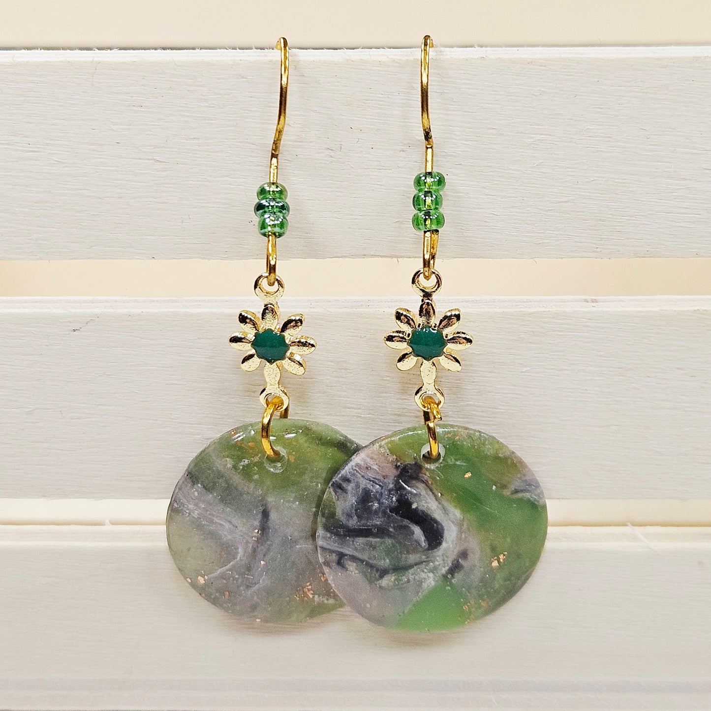 Lime Green Camouflage Polymer Clay Earrings with Gold Flowers