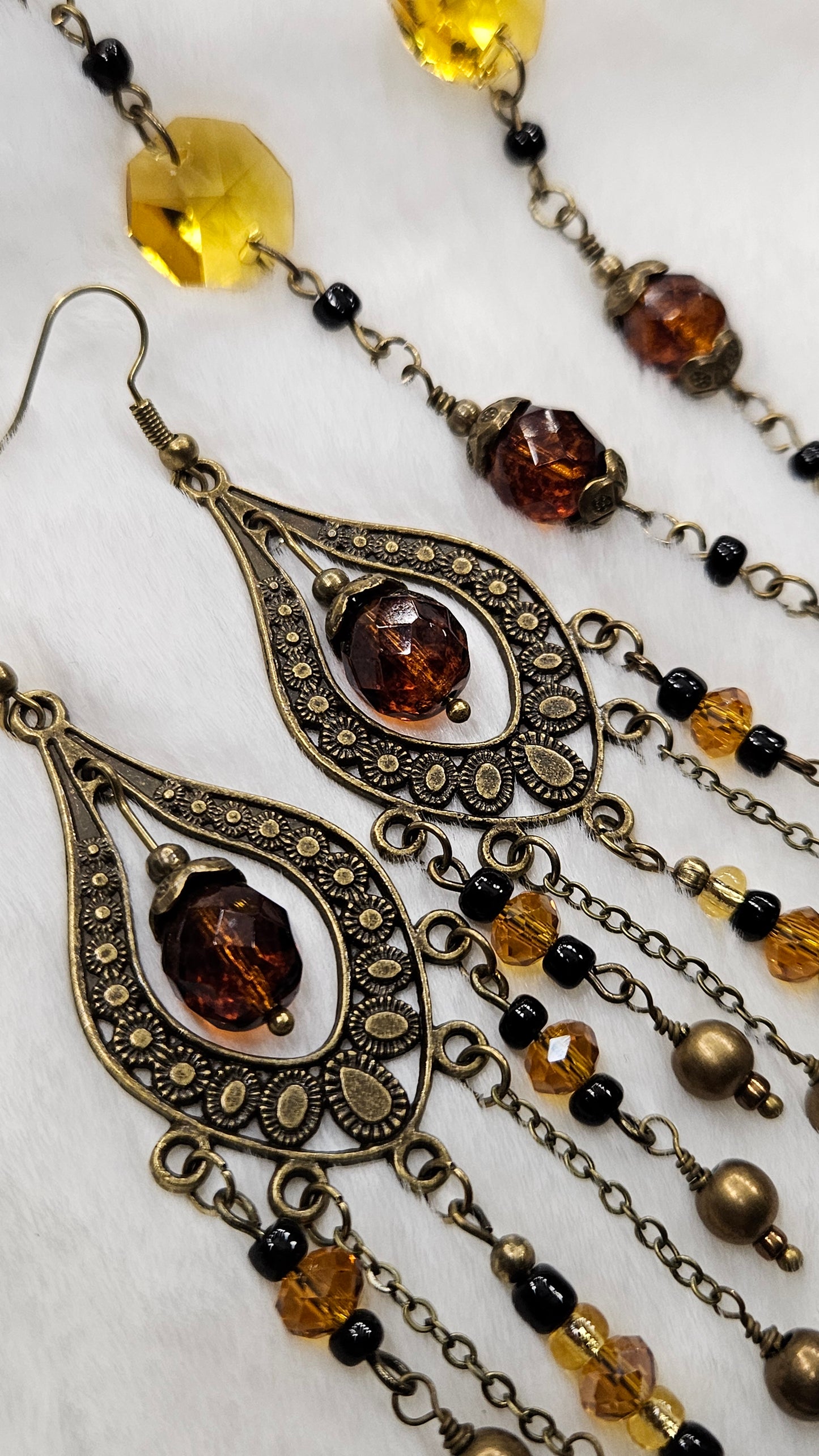Large Brass Chandelier Earrings with Dark Amber and Golden Crystals