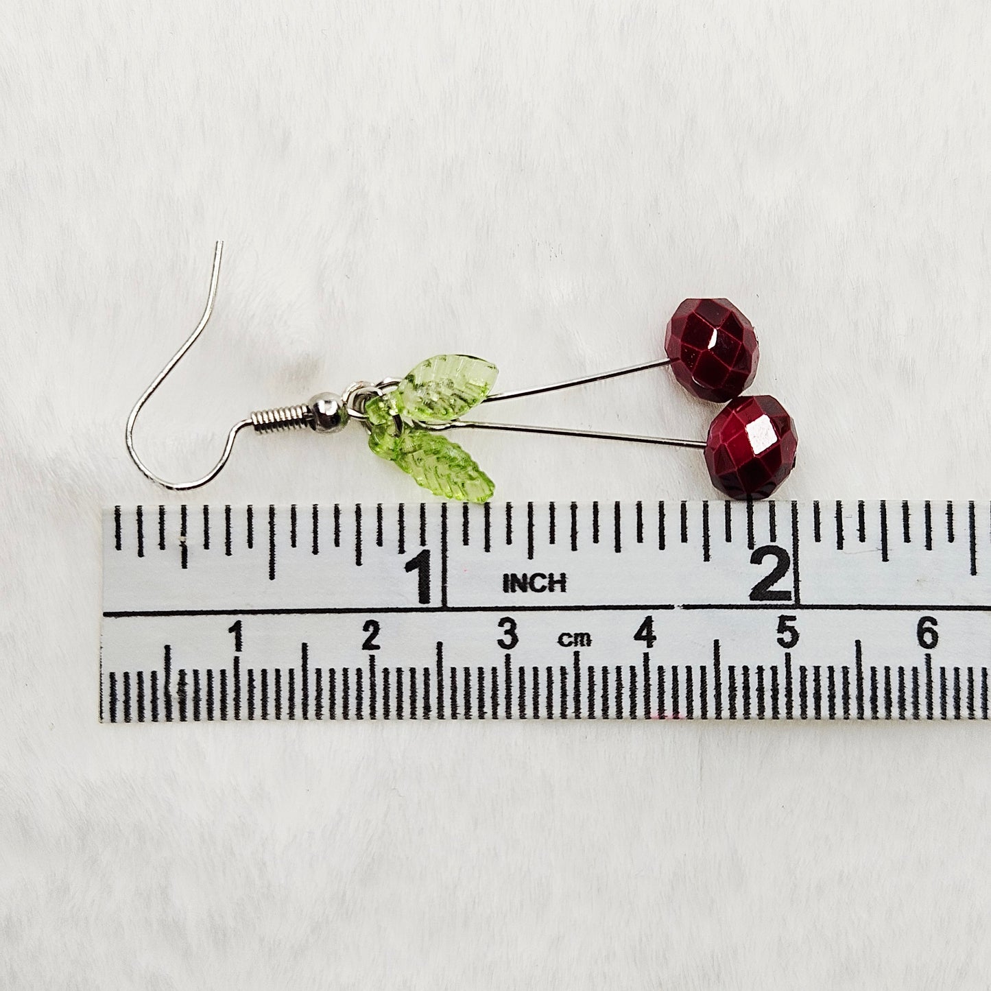 Razzle-Dazzle Red Cherry Drop Dangle Earrings with Green Leaves - 2"