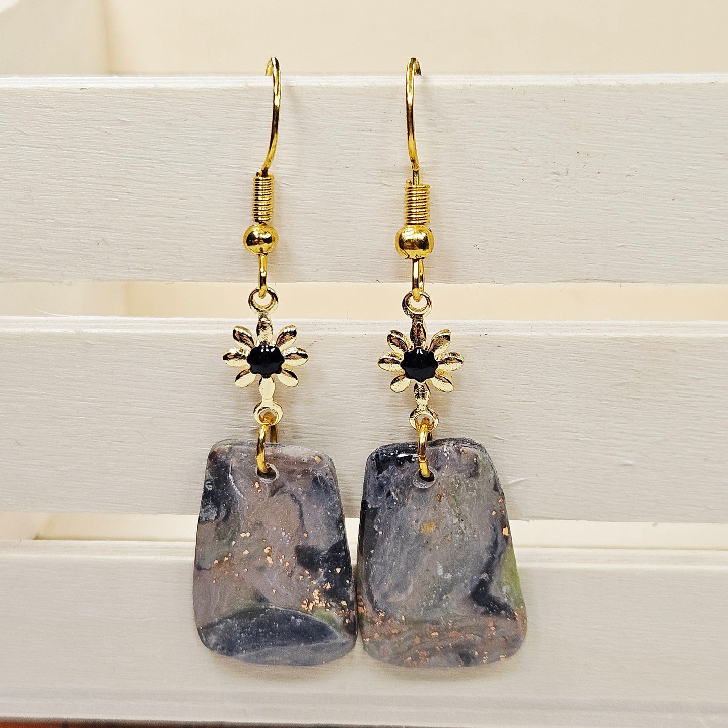 Black and Brown Gold Flake Marble Polymer Clay Earrings with Gold Flowers