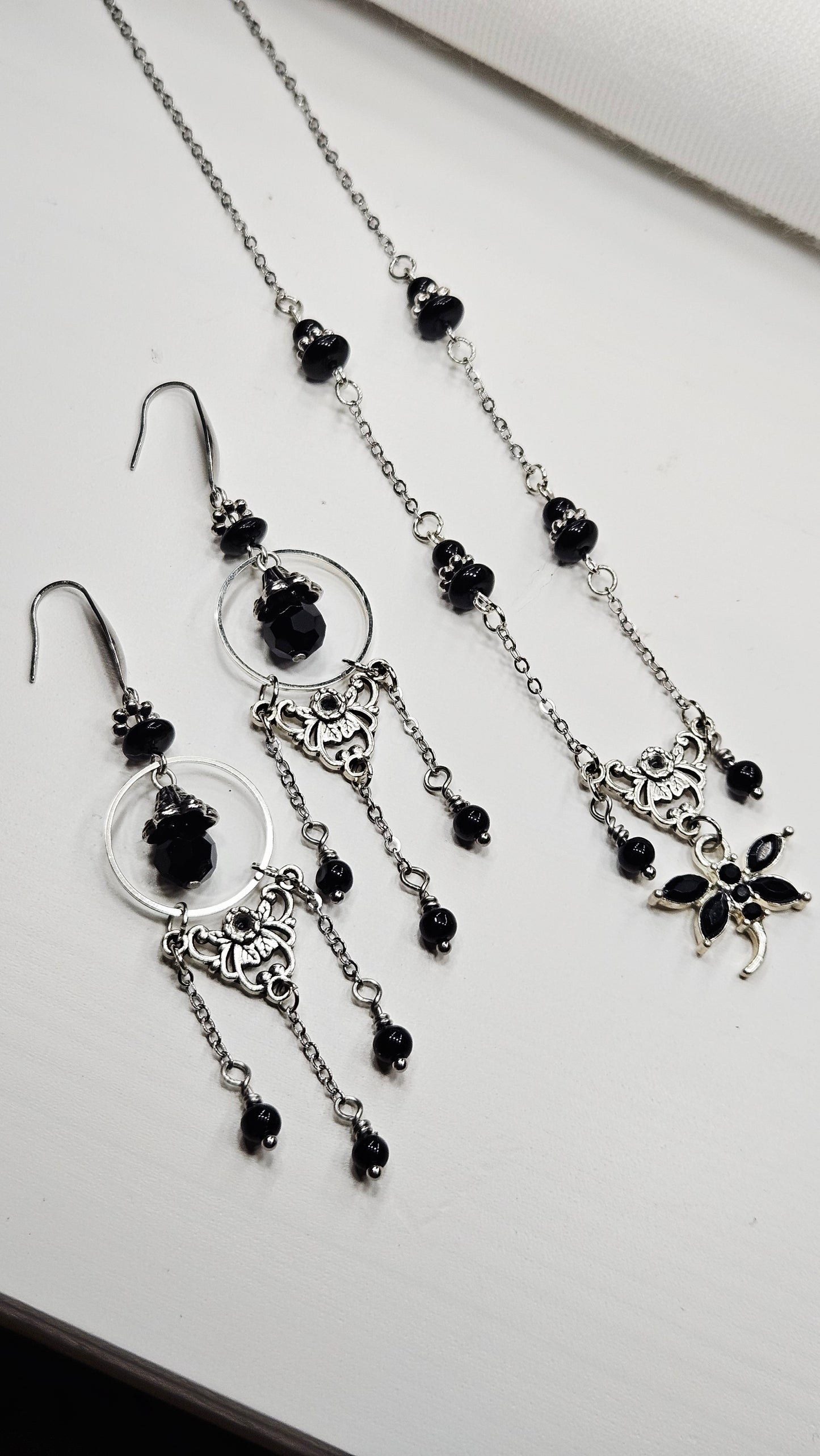 Vintage Filigree Set - Black Crystal Dragonfly and Silver Filigree Pendant Necklace with Earrings