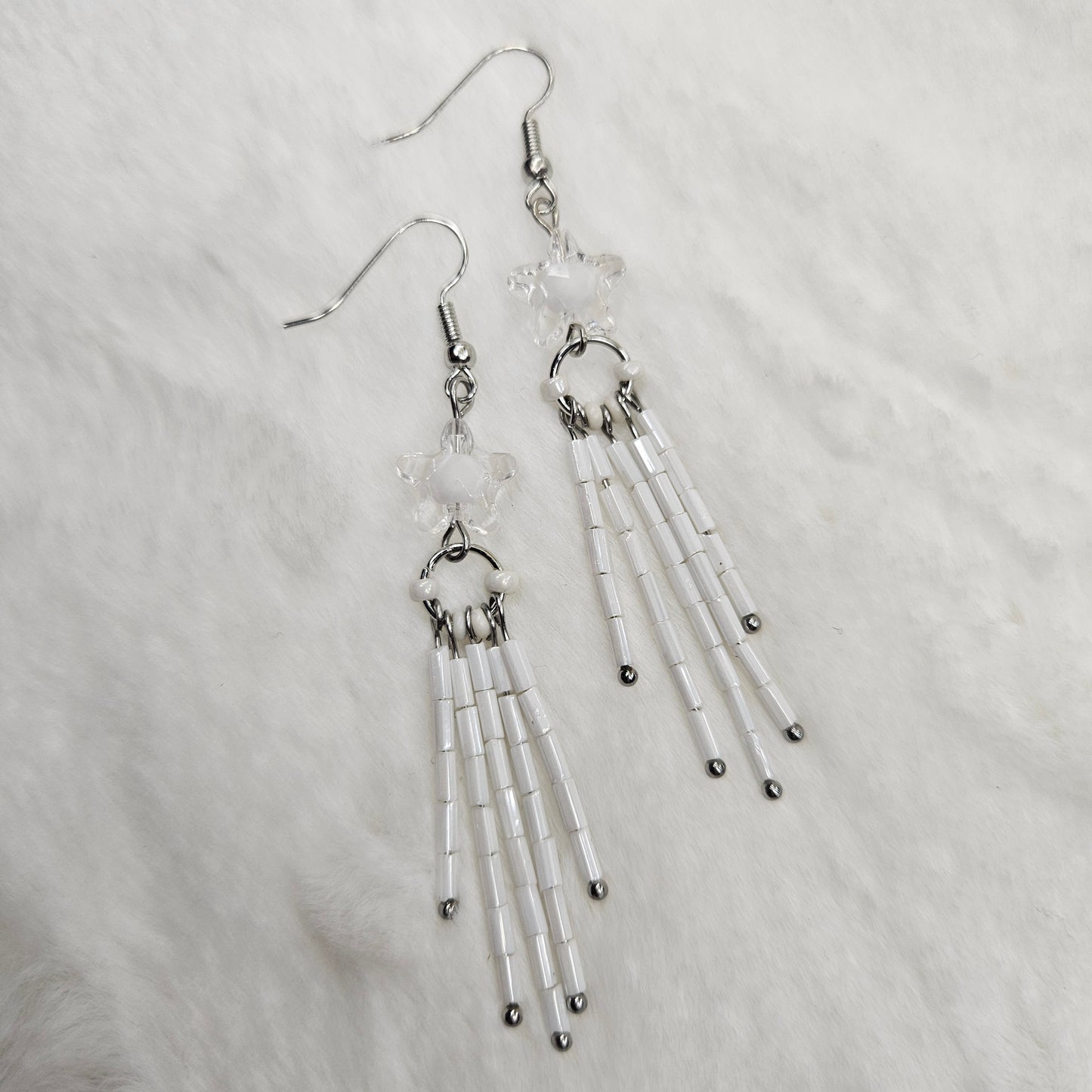 White Crystal Star Burst Earrings with Long Bugle Beaded Tassels