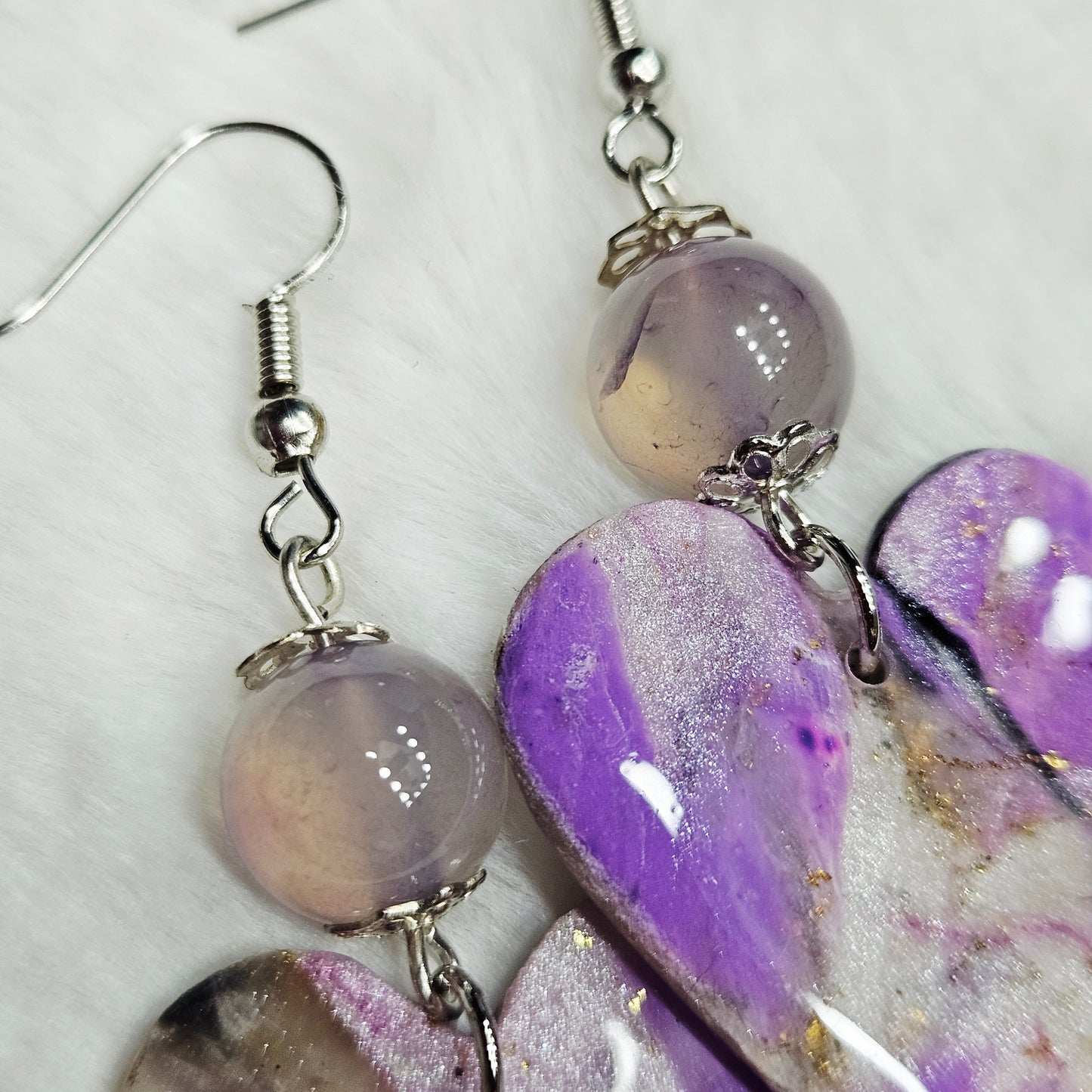 Purple Polymer Clay Marble Heart Dangle Earrings with Light Purple Sheres in Silver
