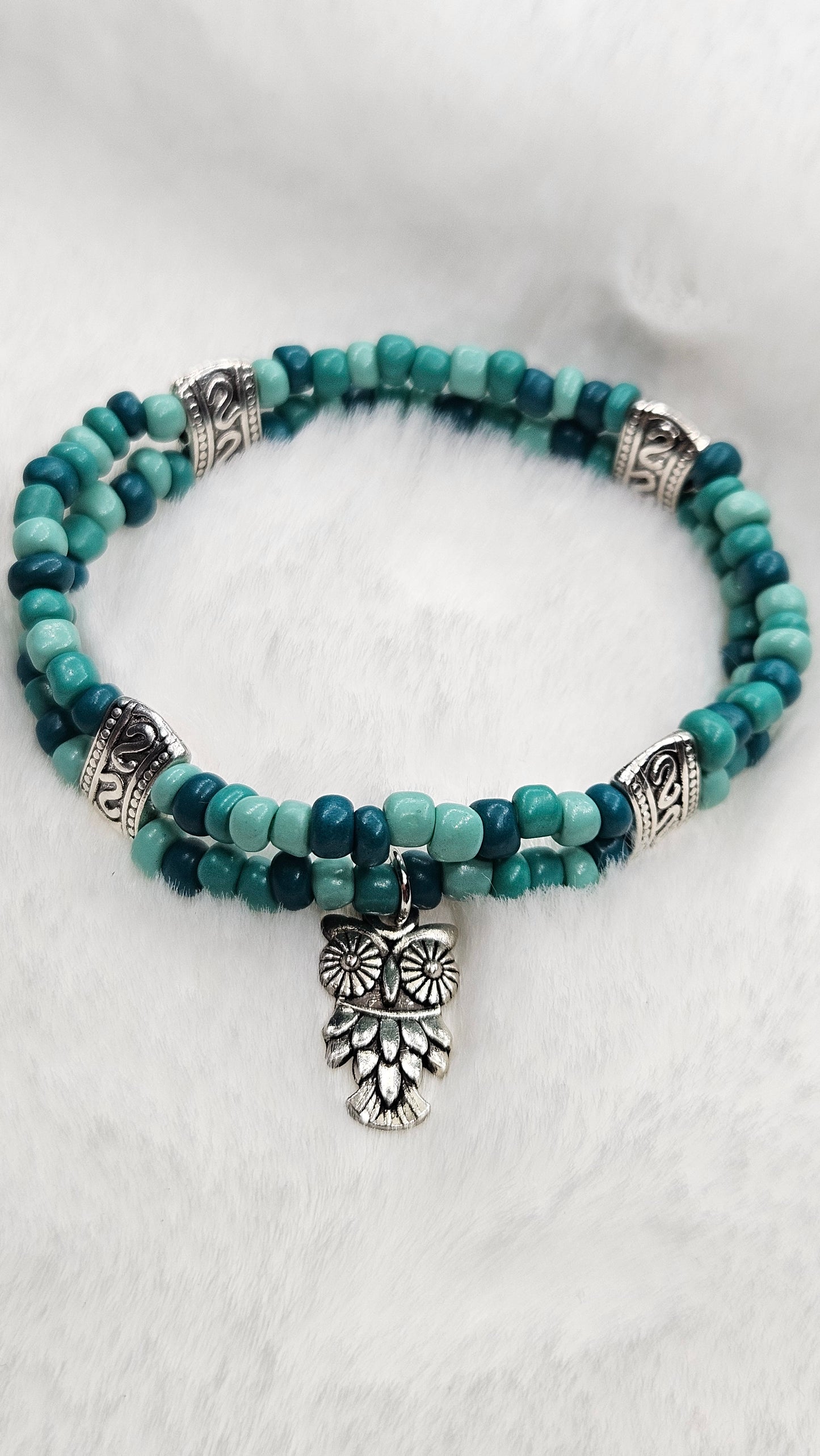Silver Owl Charm Double Beaded Stretch Bracelet with Turquoise Colored Seed Beads